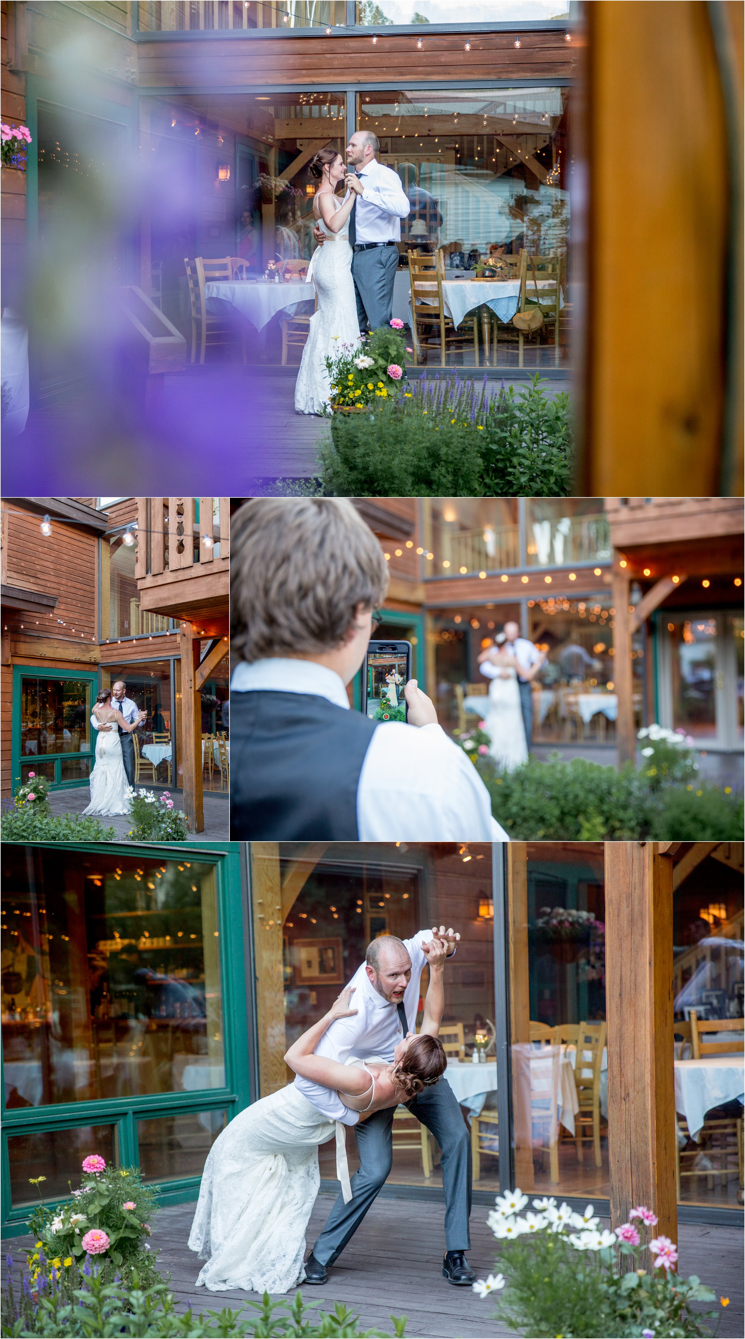 bride and groom share their first dance as husband and wife outside the alpine house