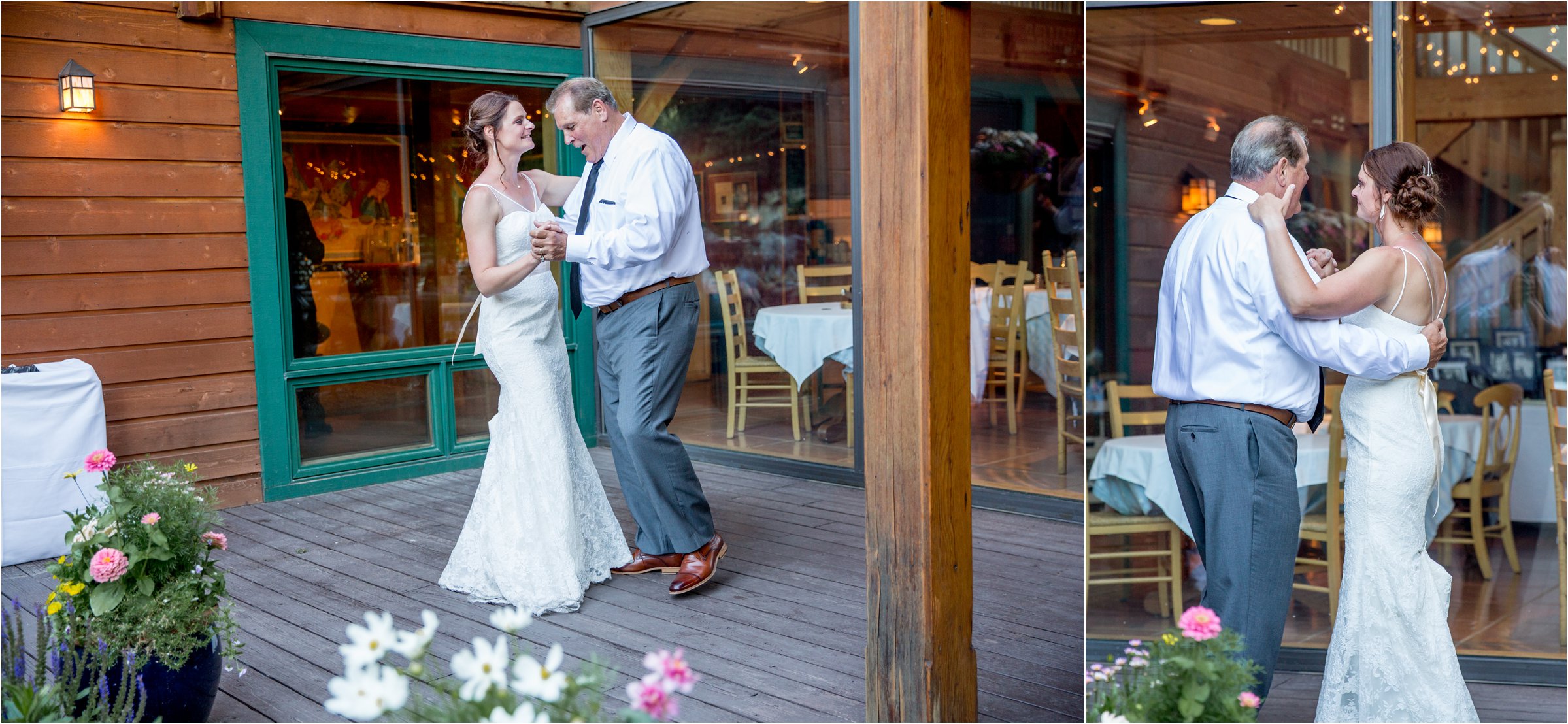 bride dances with her father at her wedding reception outside of the alpine house