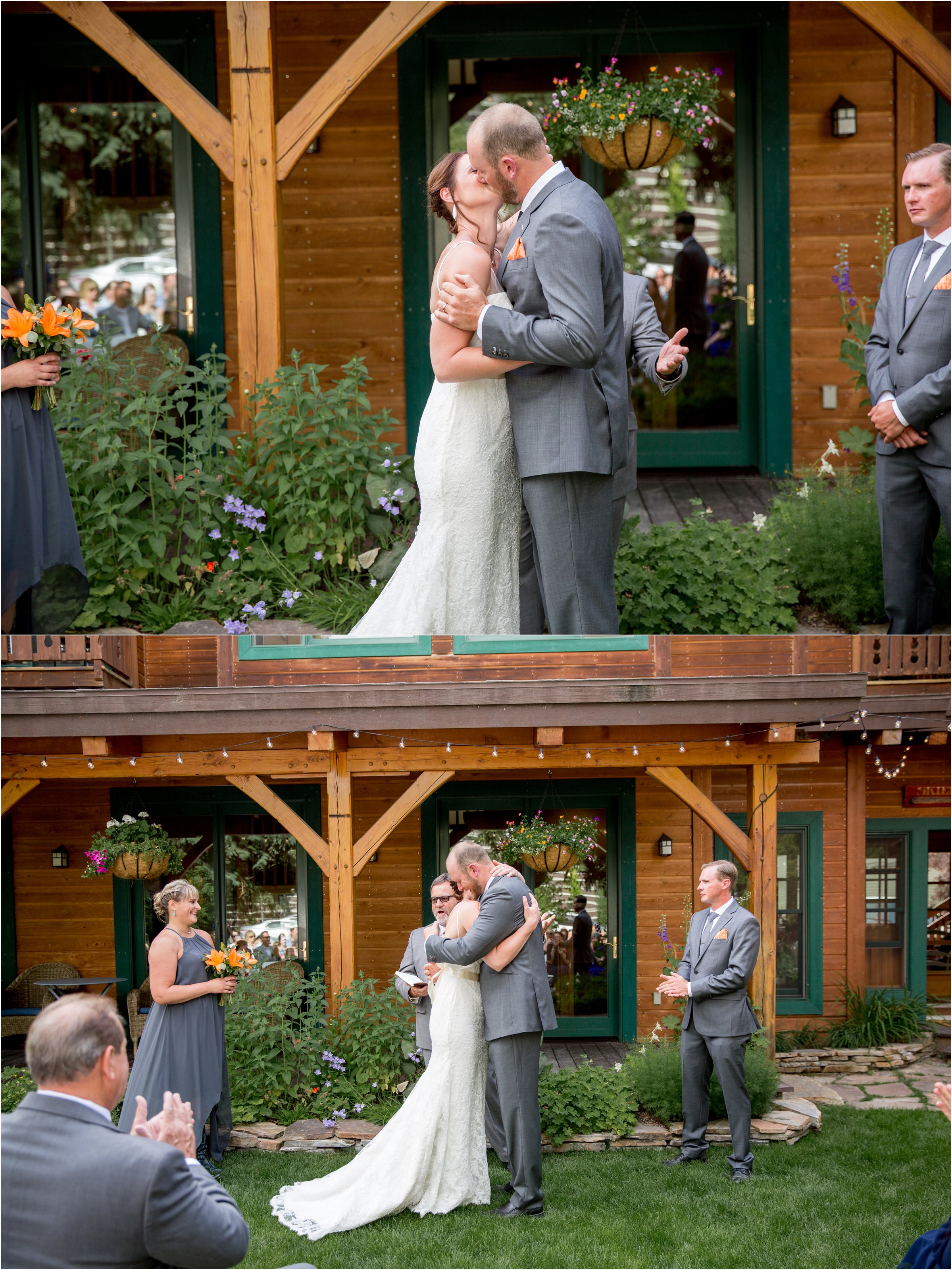 bride and groom share their first kiss at the wedding ceremony outside the alpine house