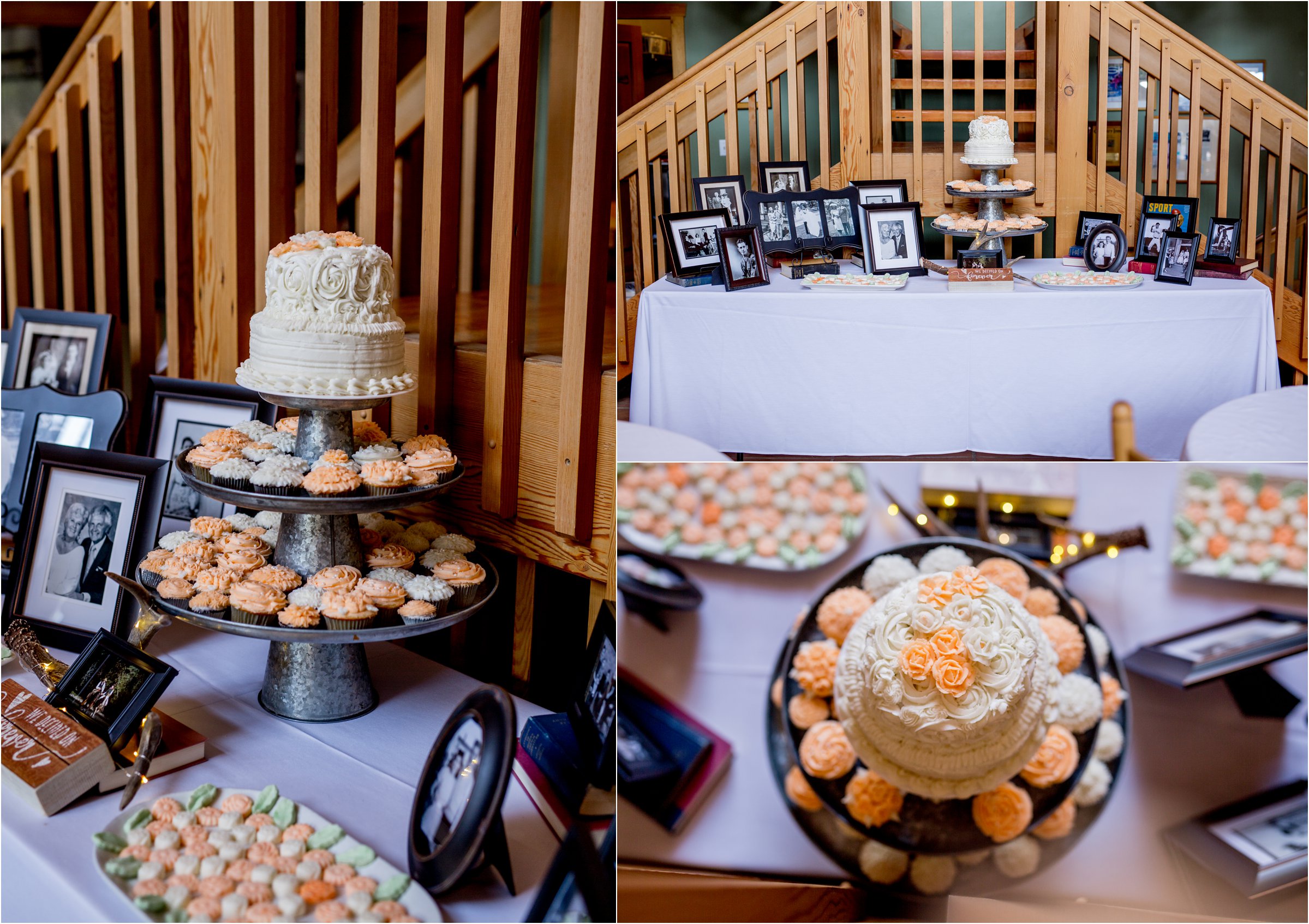 cream and orange wedding cake and cupcakes sits surrounded by family photos and memorbilia
