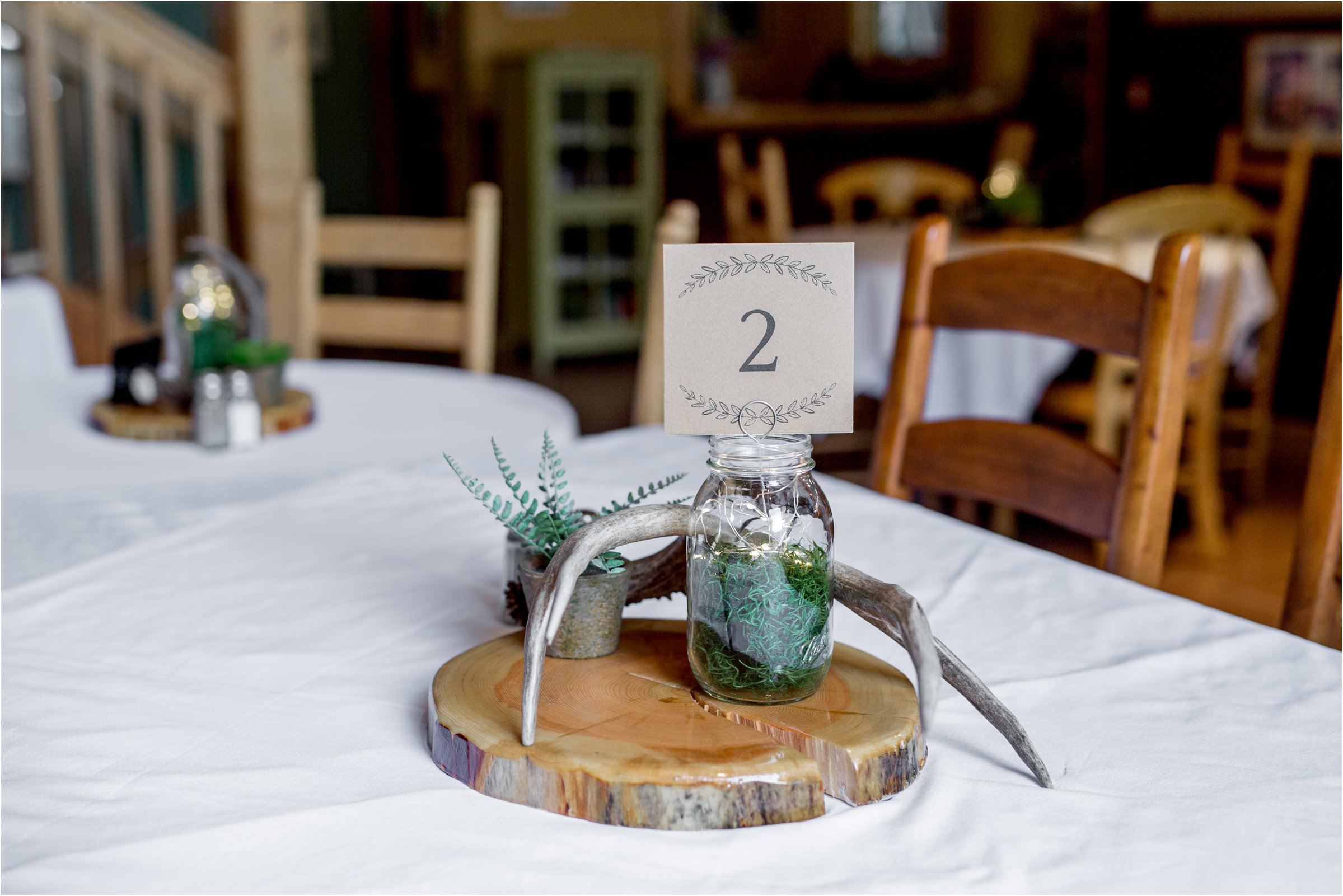 simple wood slice centerpiece with antler and succulents