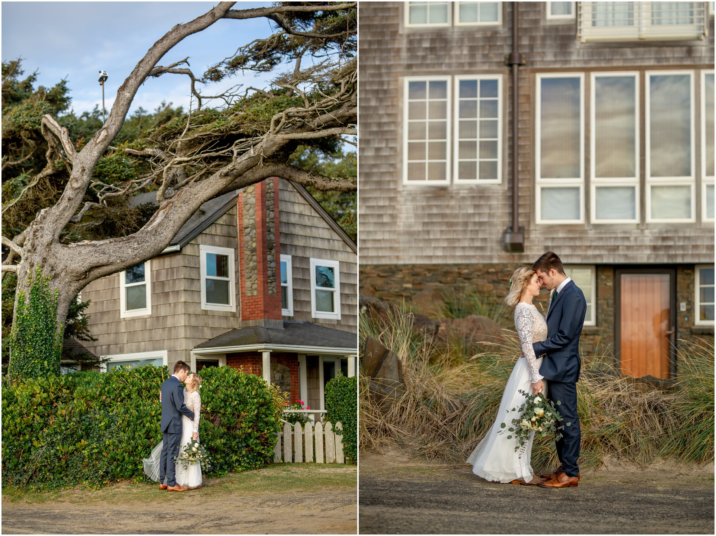 Bride and groom snuggle in front of a beach house after their cannon beach wedding