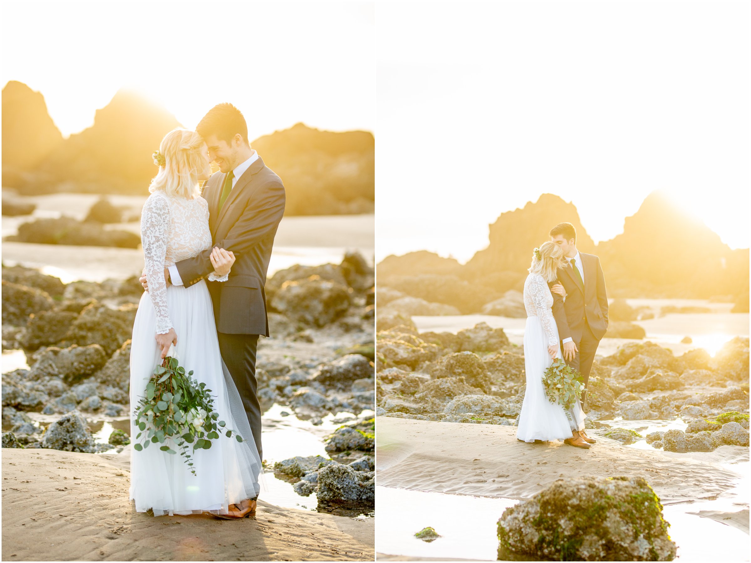 bride and groom snuggle on the beach as sun shines through the rocks during sunet by cannon beach elopement photographer
