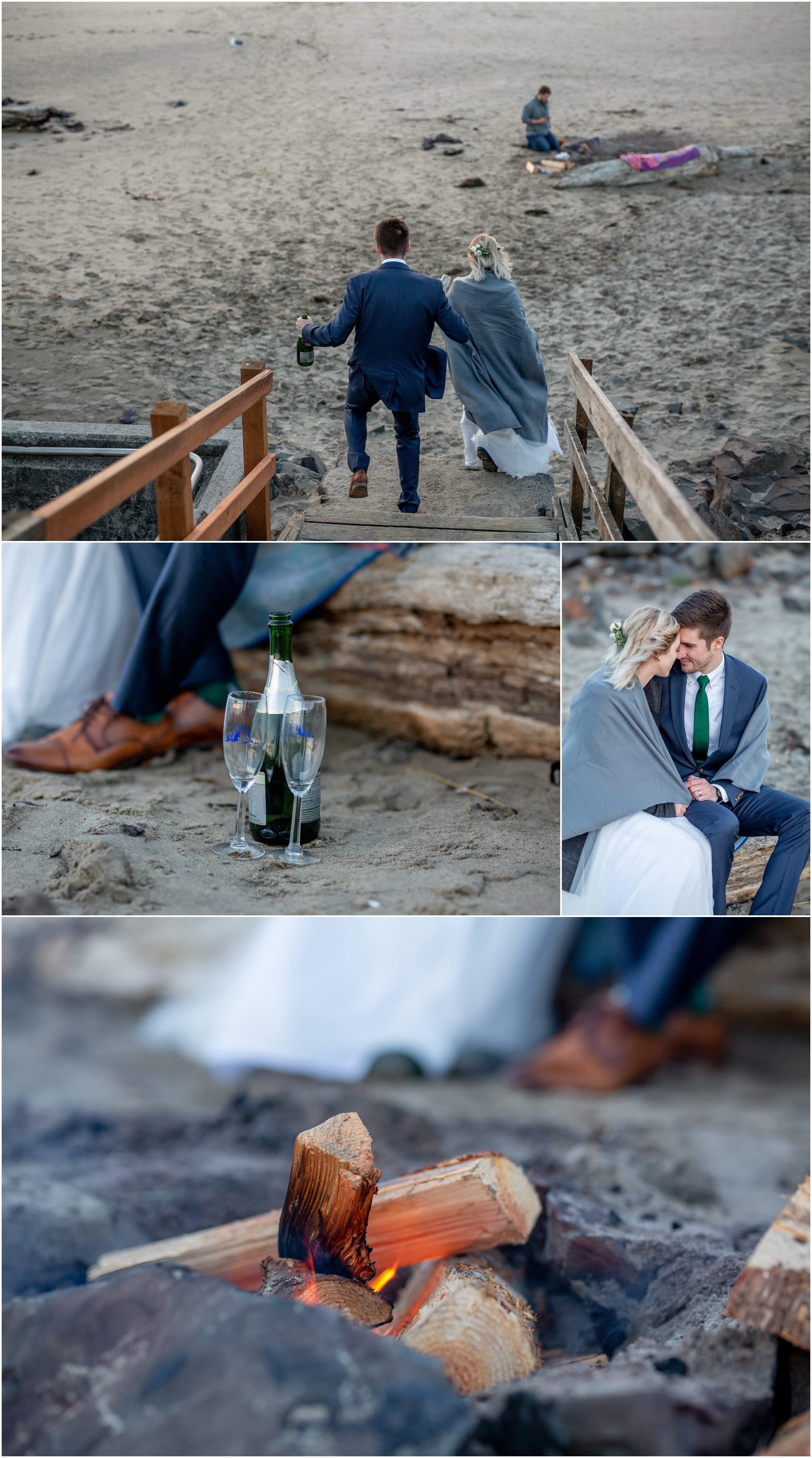 Married couple heads to the beach for a fire after their cannon beach elopement