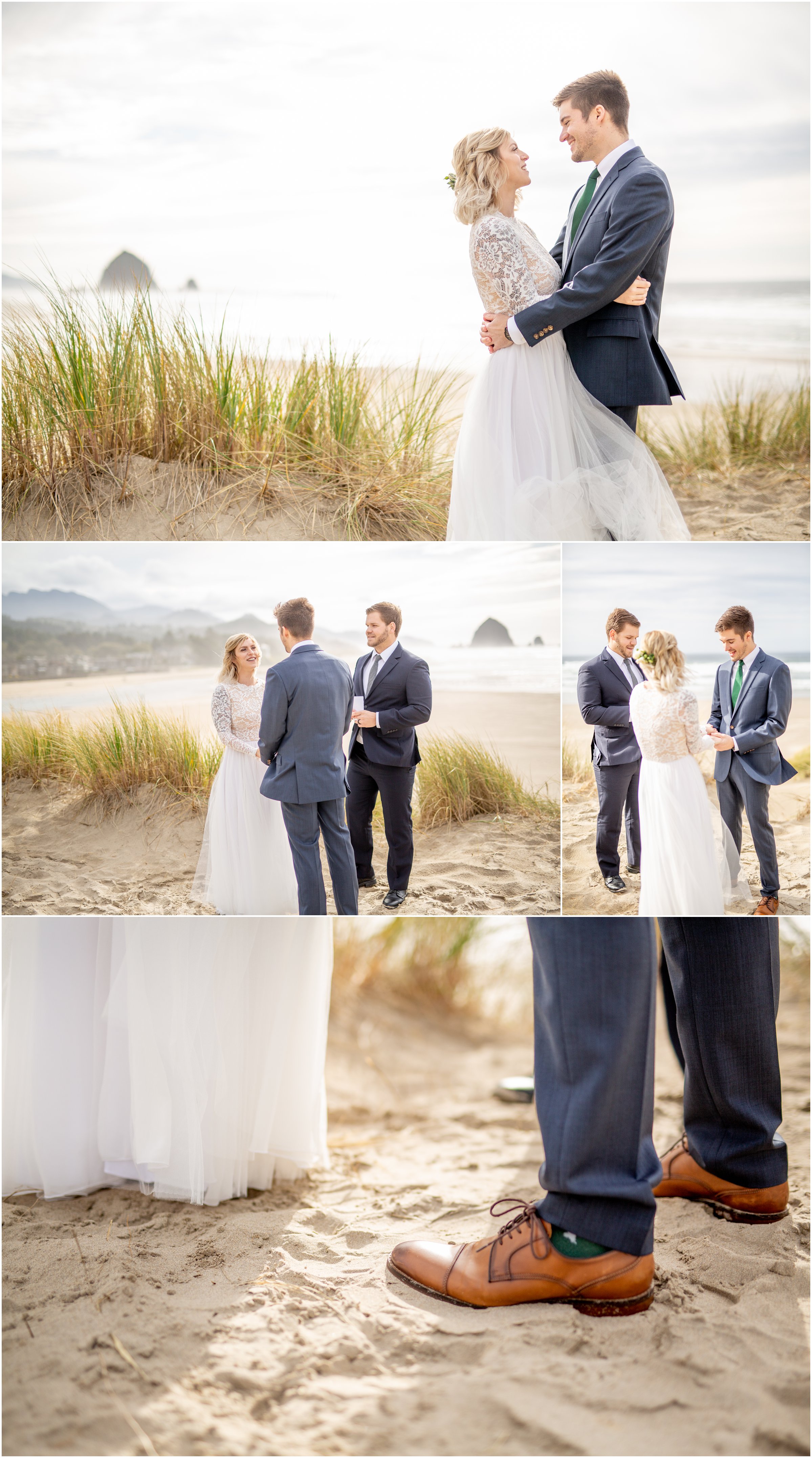 bride and groom begin elopement ceremony on cannon beach as they get married 