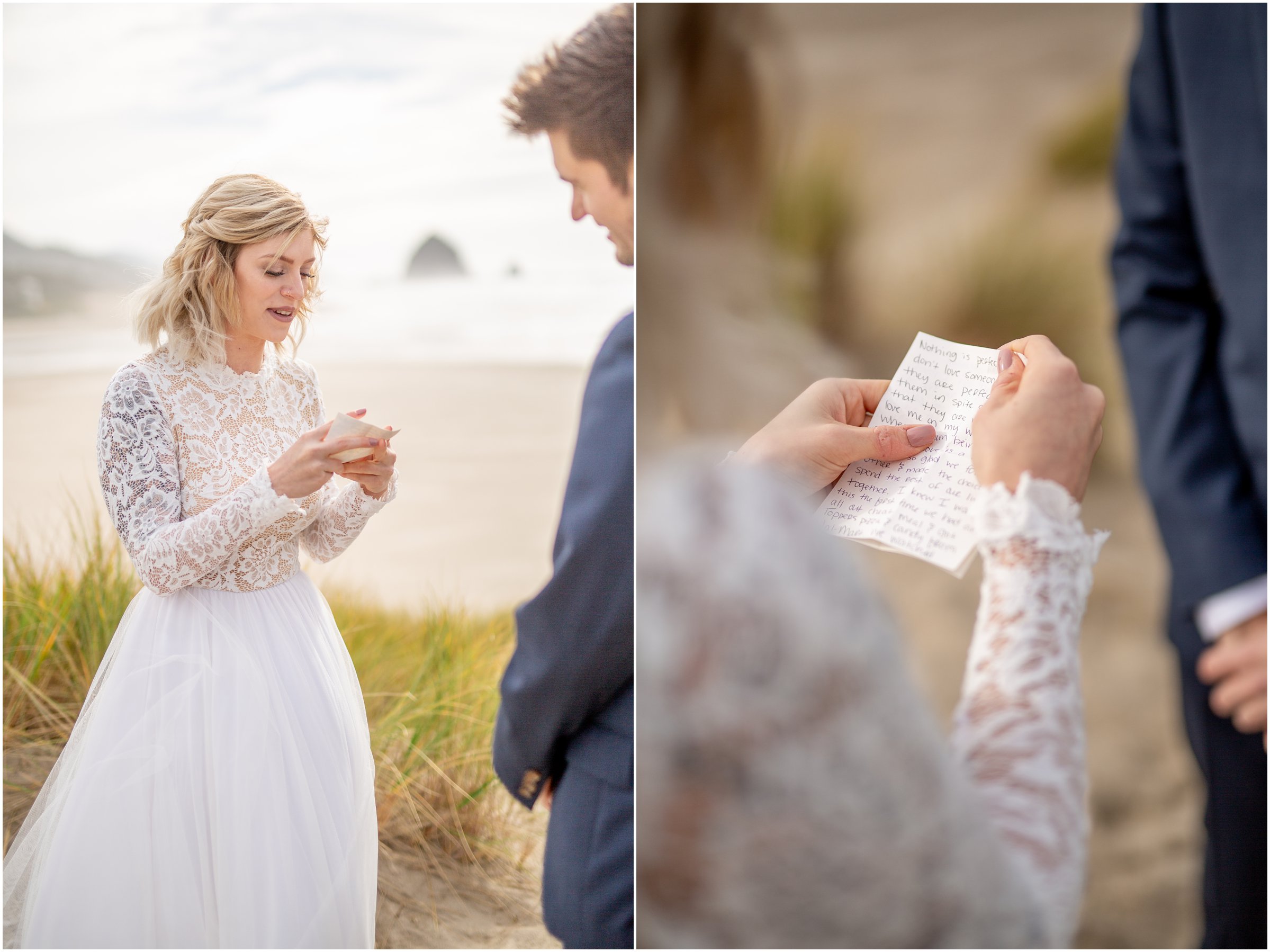bride reading her vows to her groom during their cannon beach elopement