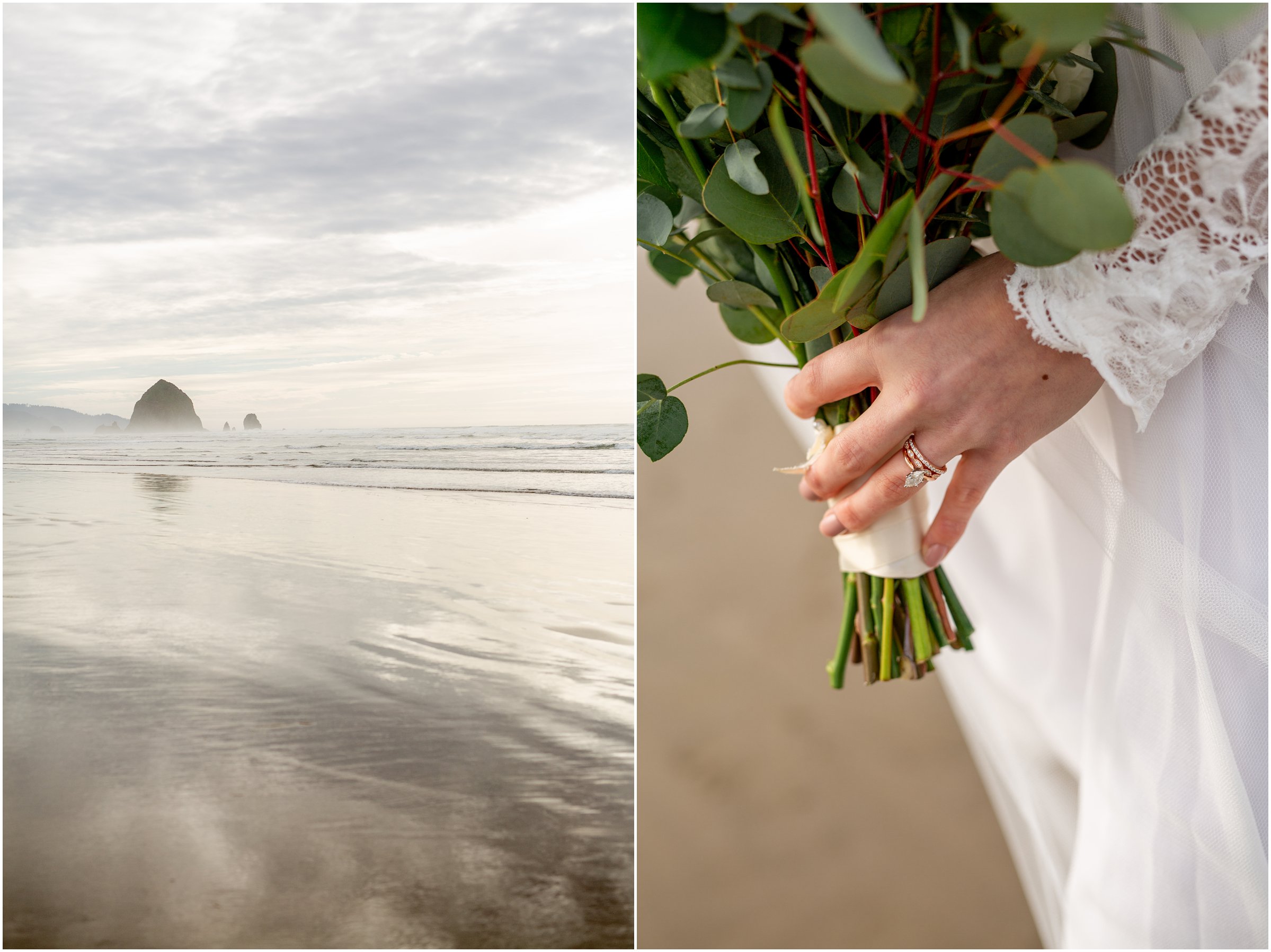 haystack rock and bride's hand holding bouquet with wedding and engagement ring
