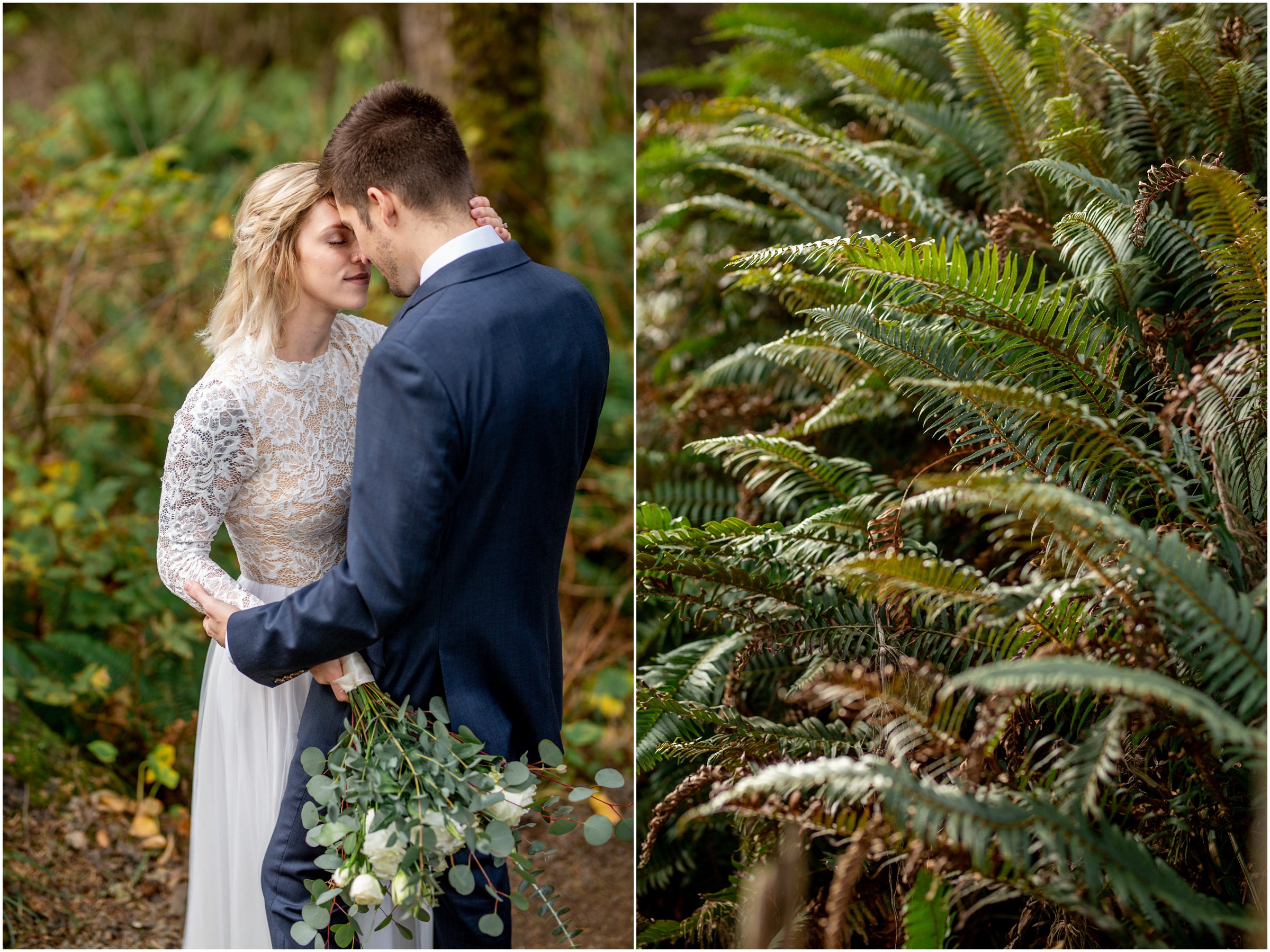 bride and groom snuggle together in ecola state park with ferns surrounding them