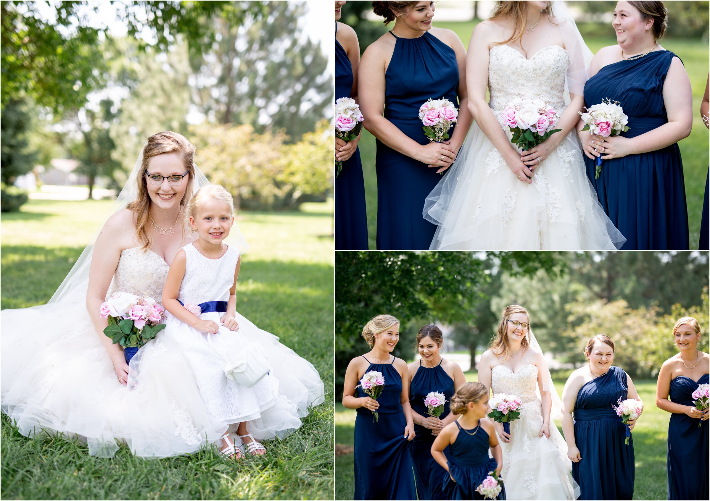 bride poses with her bridesmaids in navy blue dresses with pink flowers before her wedding at holdrege trinity church