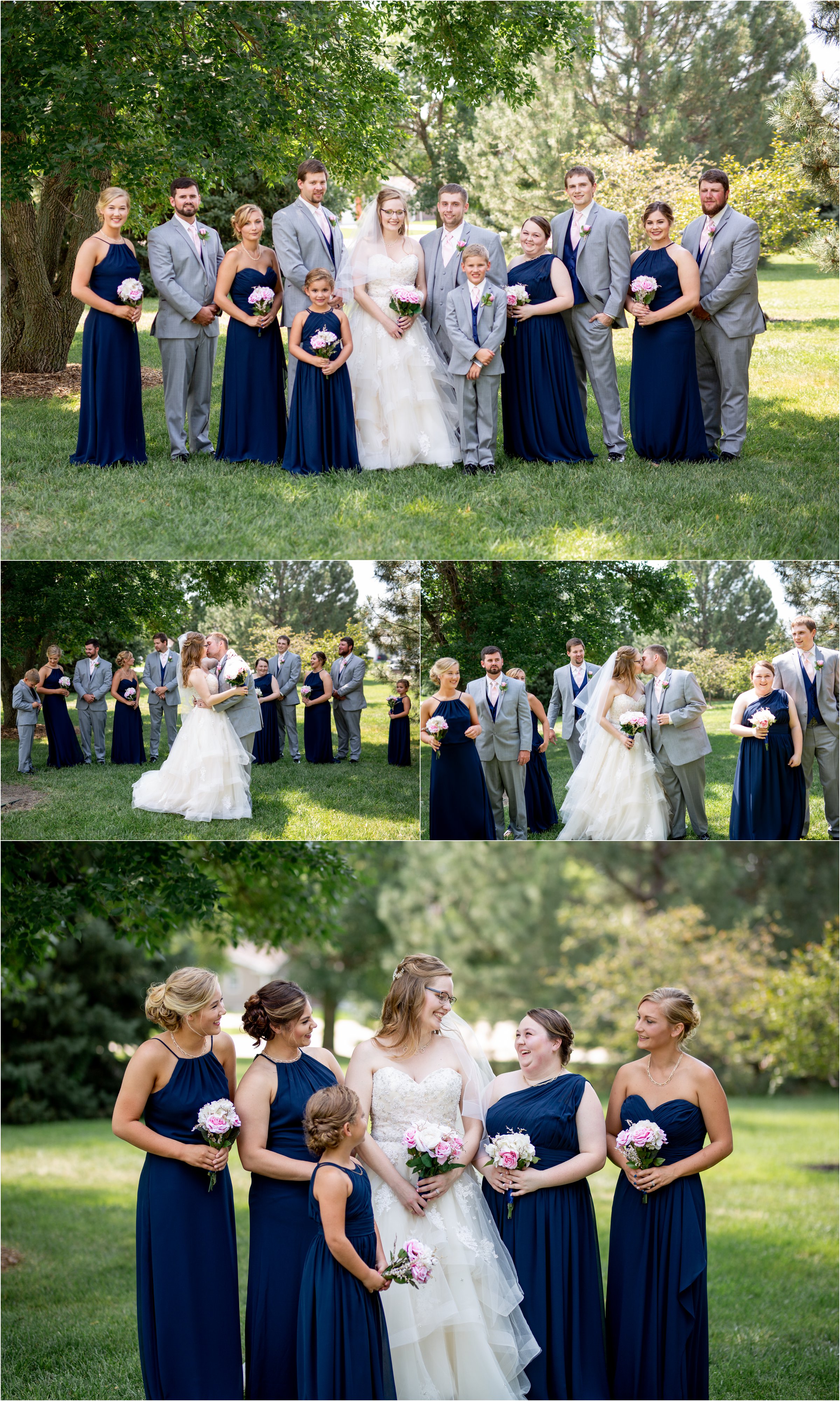 bride and groom pose with her bridesmaids in navy blue dresses with pink flowers and groomsen in gray before their wedding at holdrege trinity church