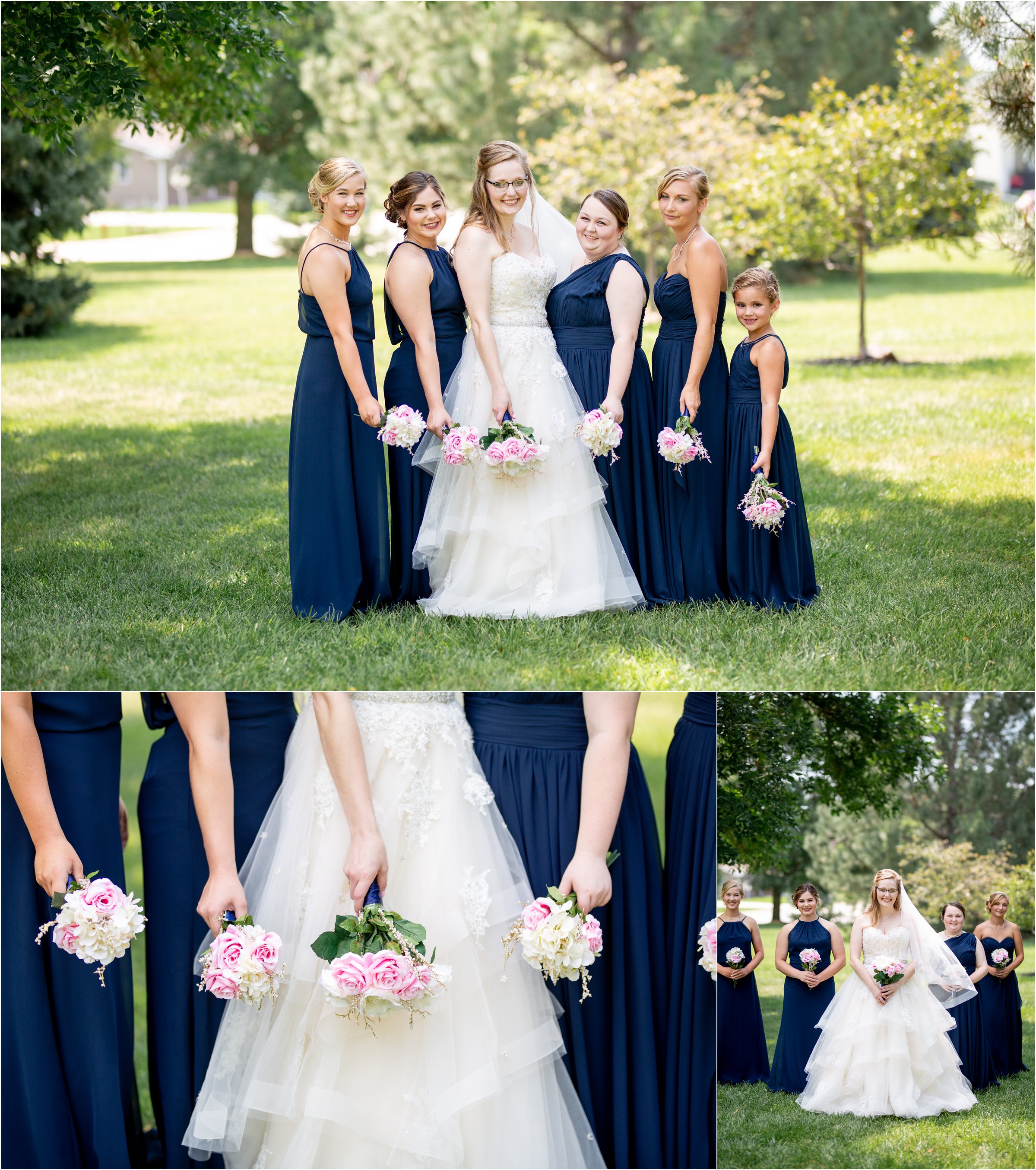 bride poses with her bridesmaids in navy blue dresses with pink flowers before her wedding at holdrege trinity church
