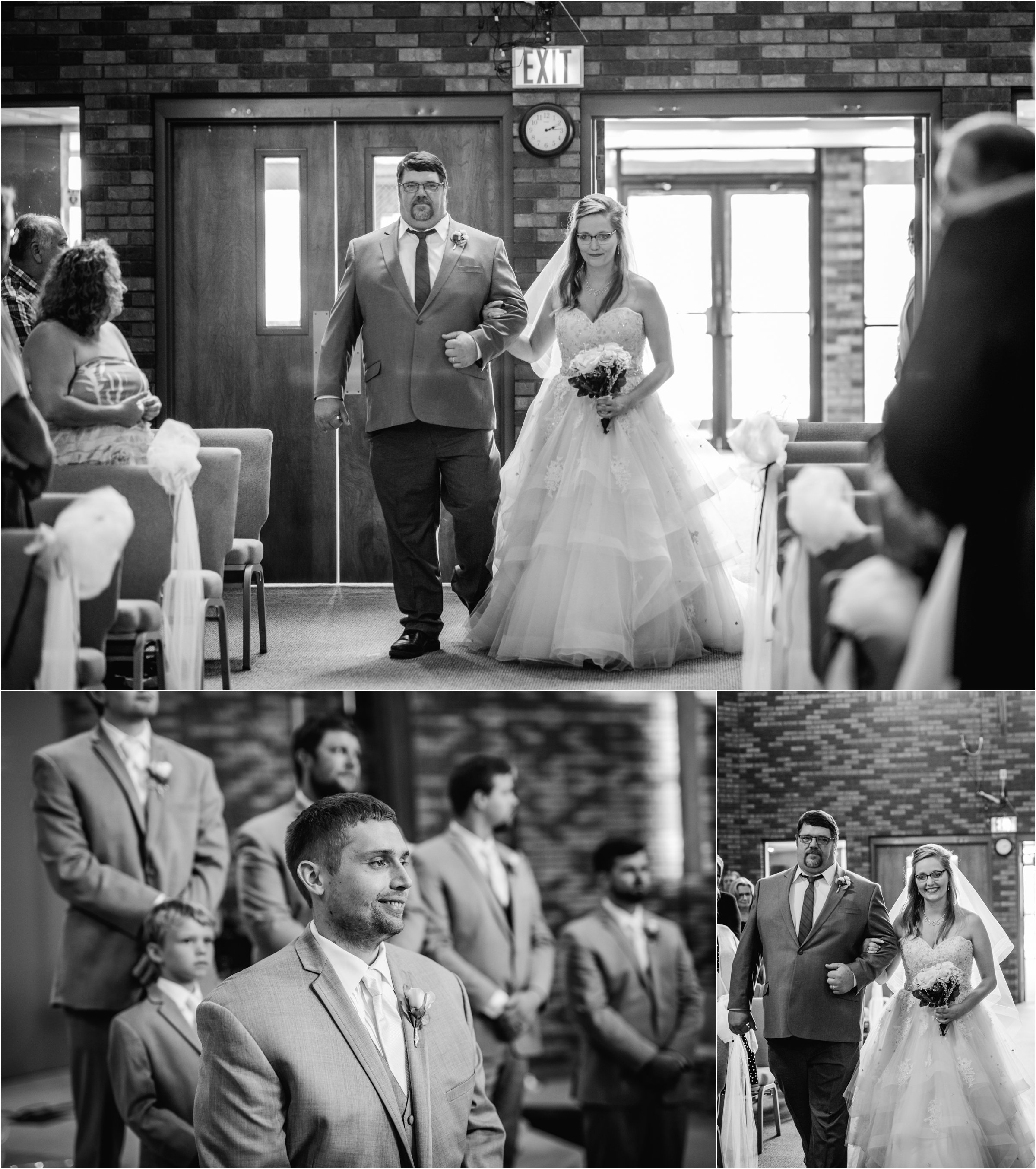 black and white photos of bride walking down the aisle toward her groom at holdrege trinity church wedding 