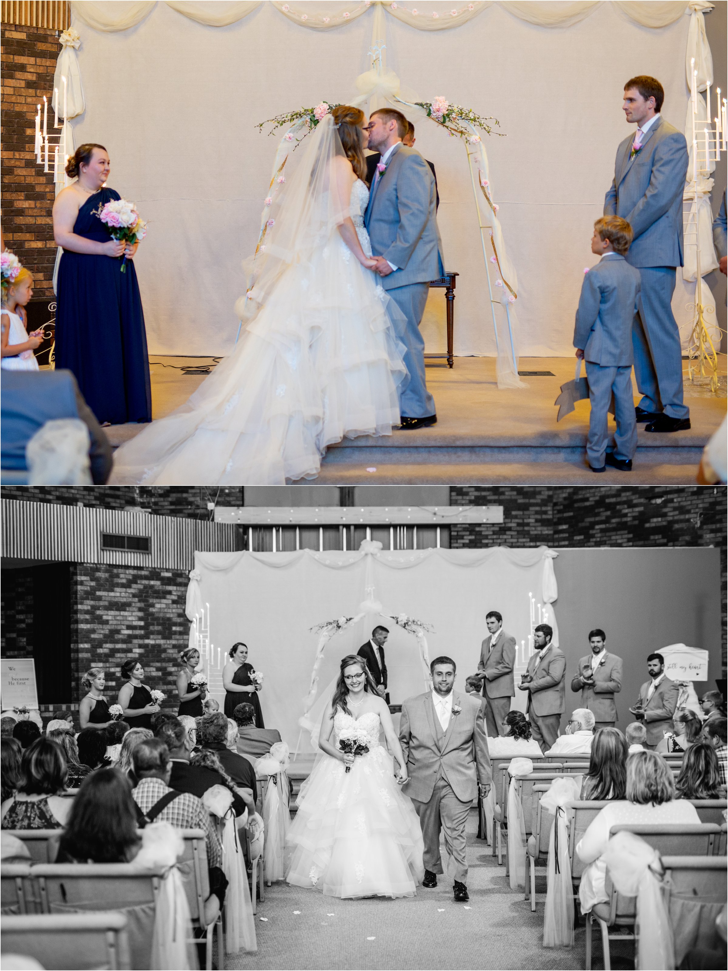 bride and groom share their first kiss then exit their ceremony at holdrege trinity church wedding