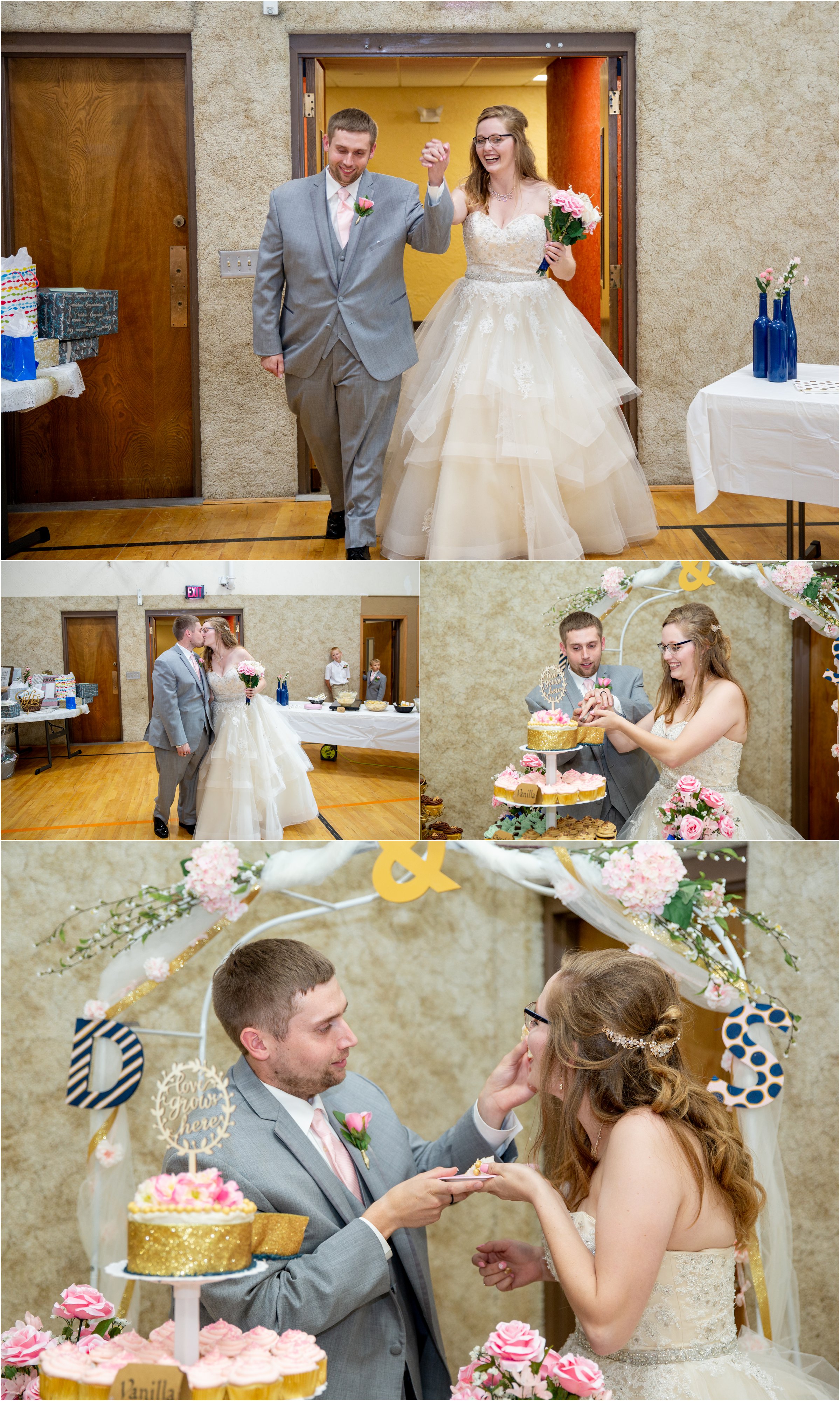 bride and groom enter their wedding reception then feed each other cake at holdrege trinity church
