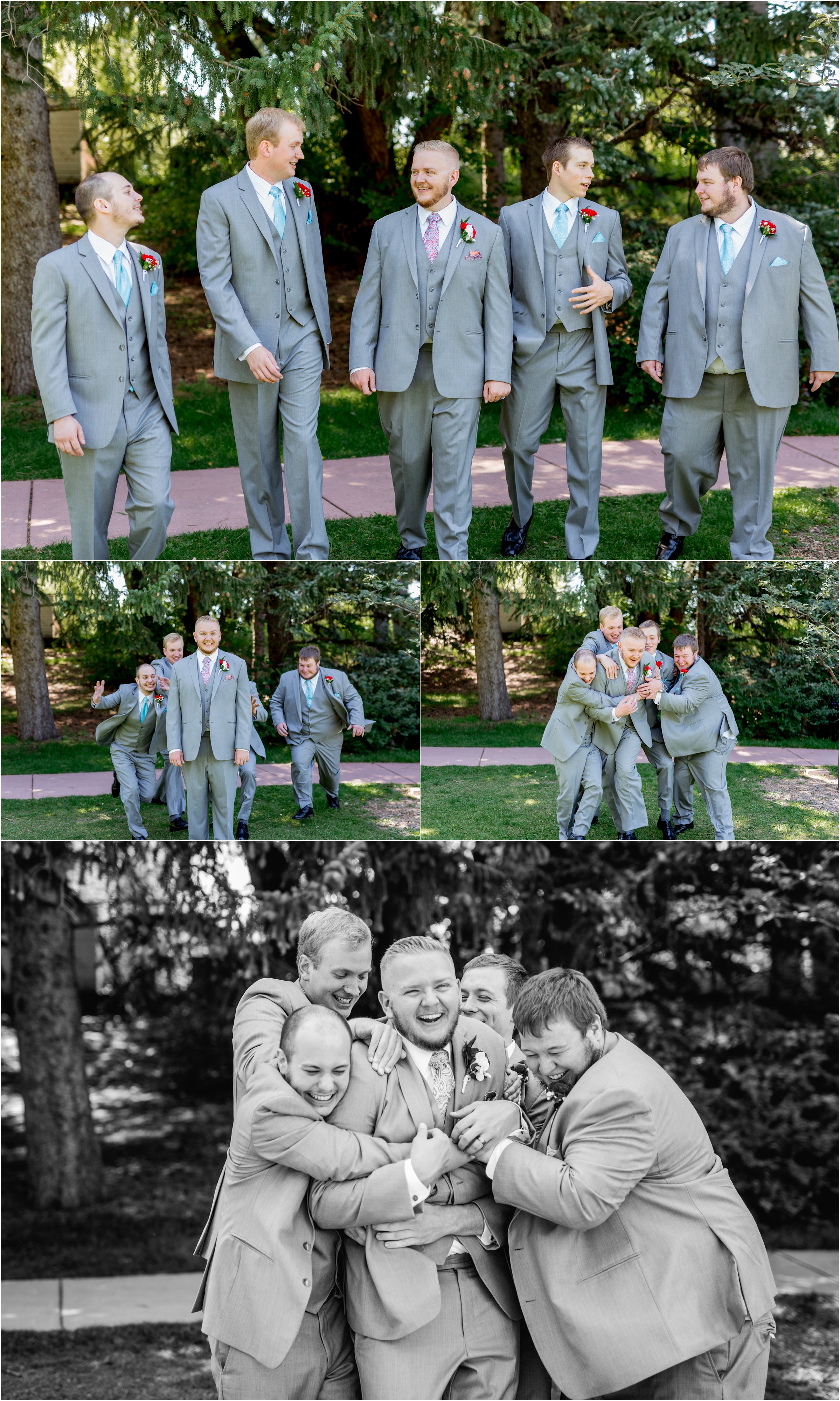 groom poses with his groomsmen in gray tuxedos with blue ties and red flowers