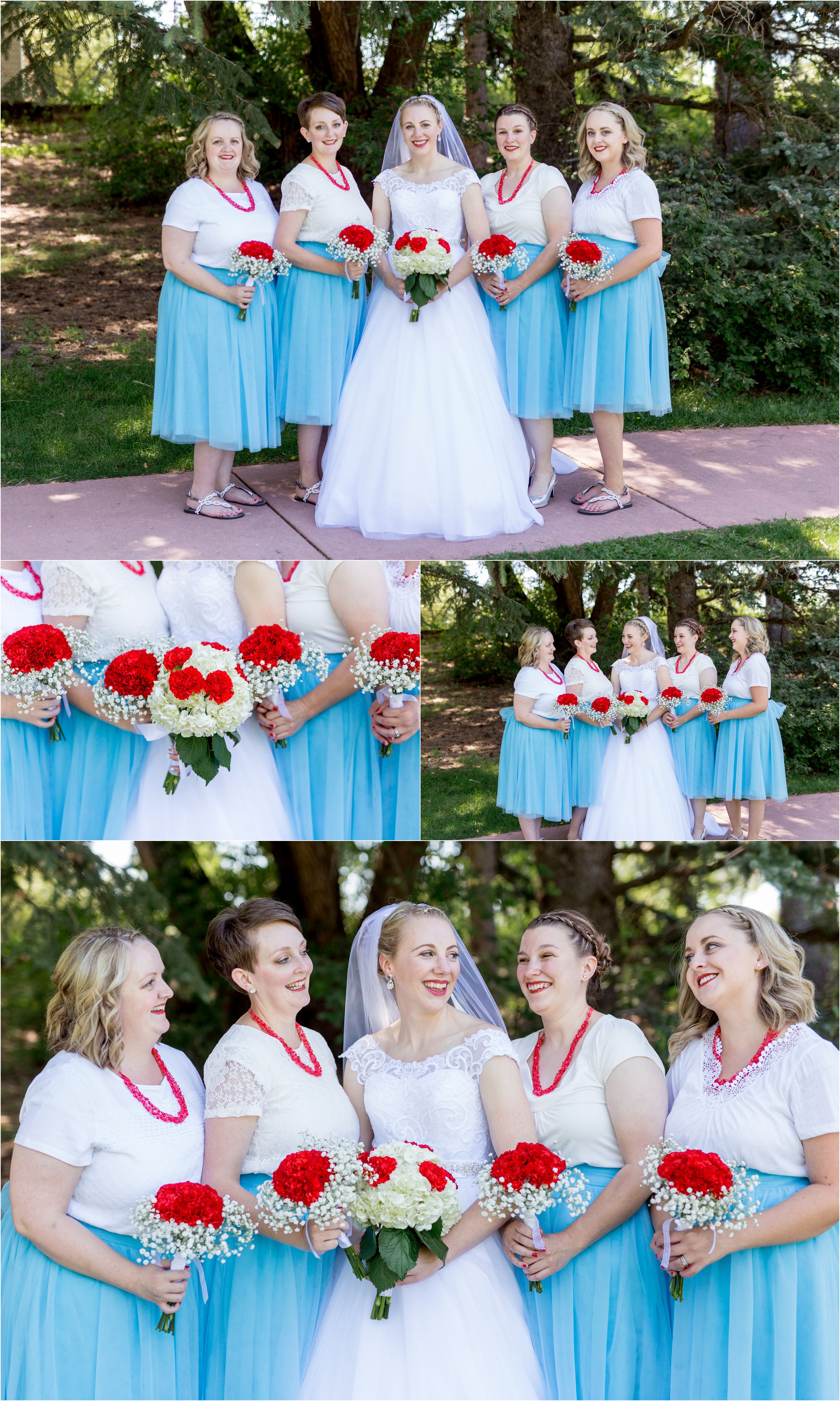 bride poses with her bridesmaids in blue skirts with red and white floral bouquets