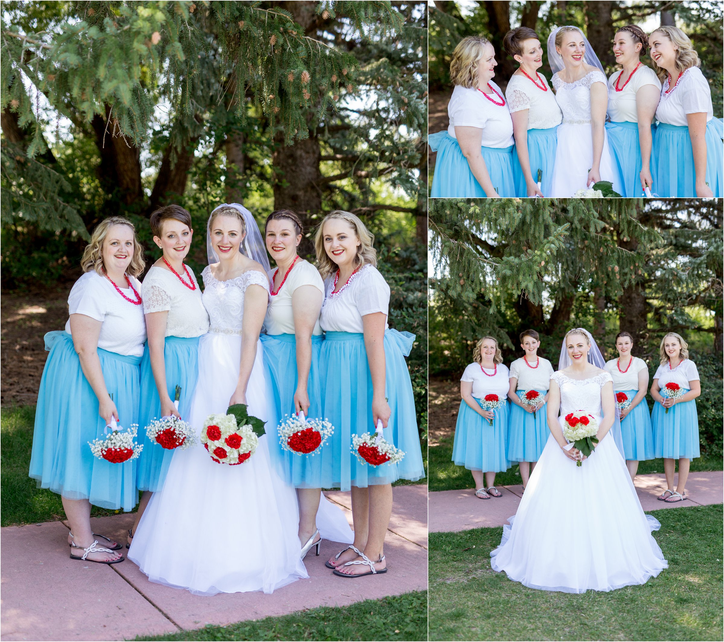 bride poses with her bridesmaids in blue skirts with red and white floral bouquets