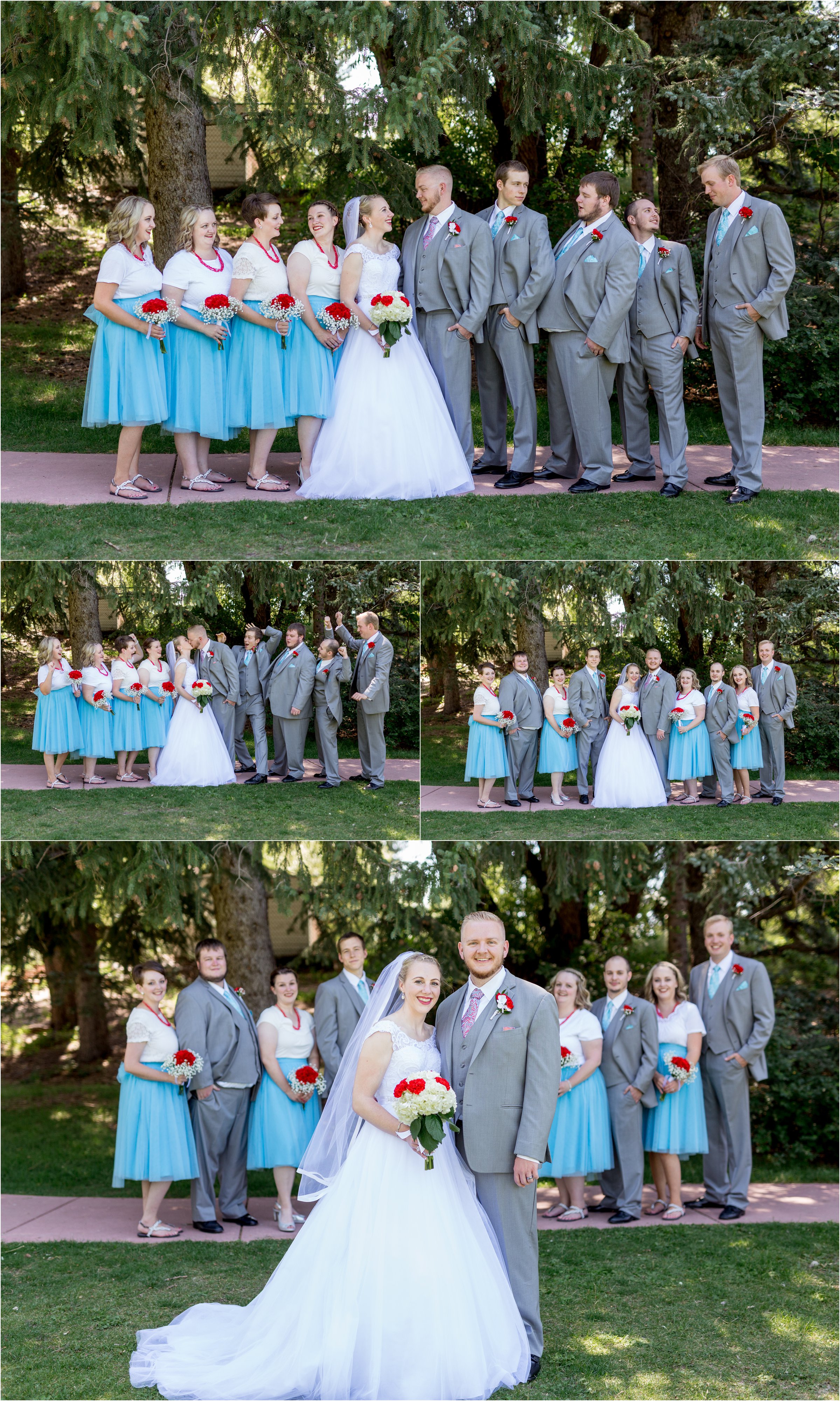 bridesmaids in blue and groomsmen in gray pose with bride and groom for a photo before their ceremony