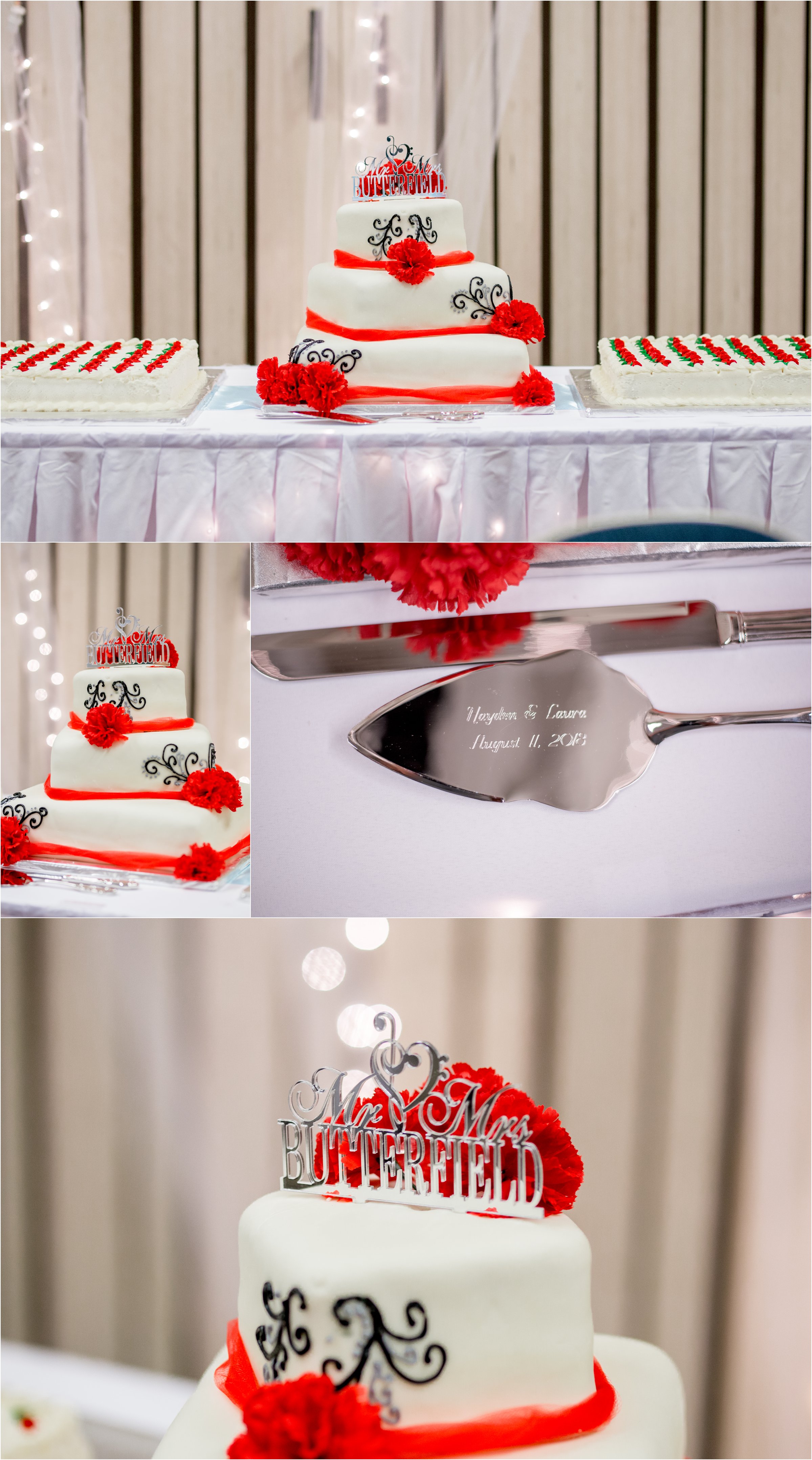 white wedding cake with red accents and black and silver piping