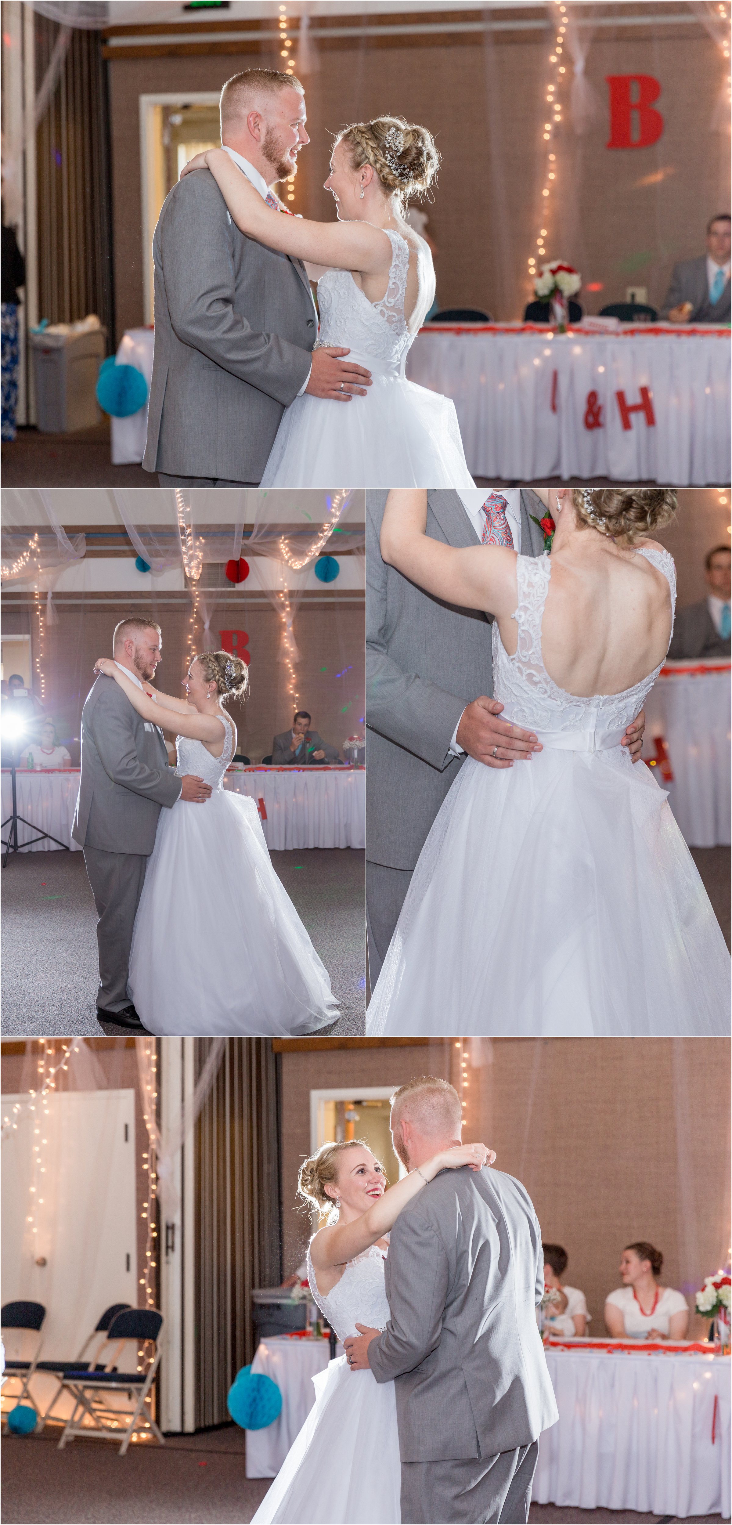 bride and groom dance together at their wedding reception for the first dance as husband and wife