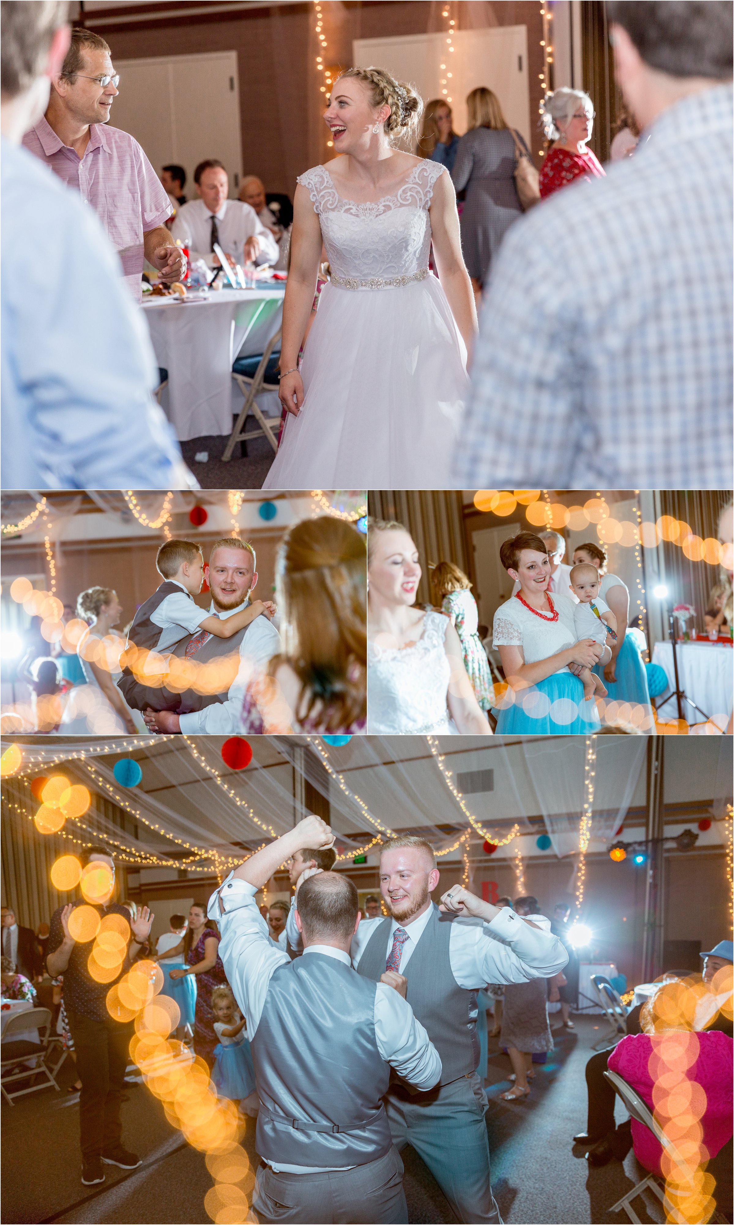 bride and groom dance with guests at their wedding reception