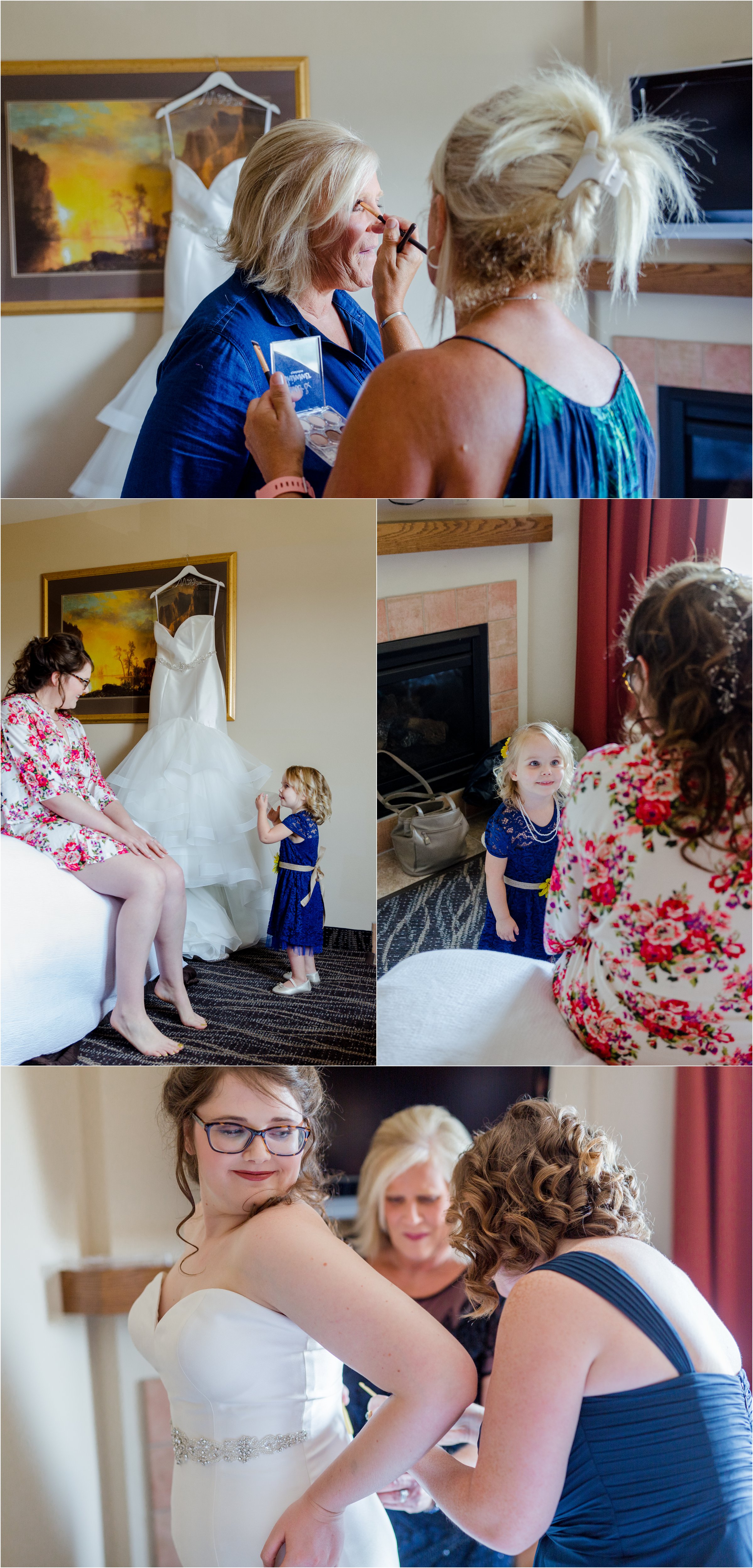 bride's mom gets her makeup done while flower girl looks at bride's wedding dress