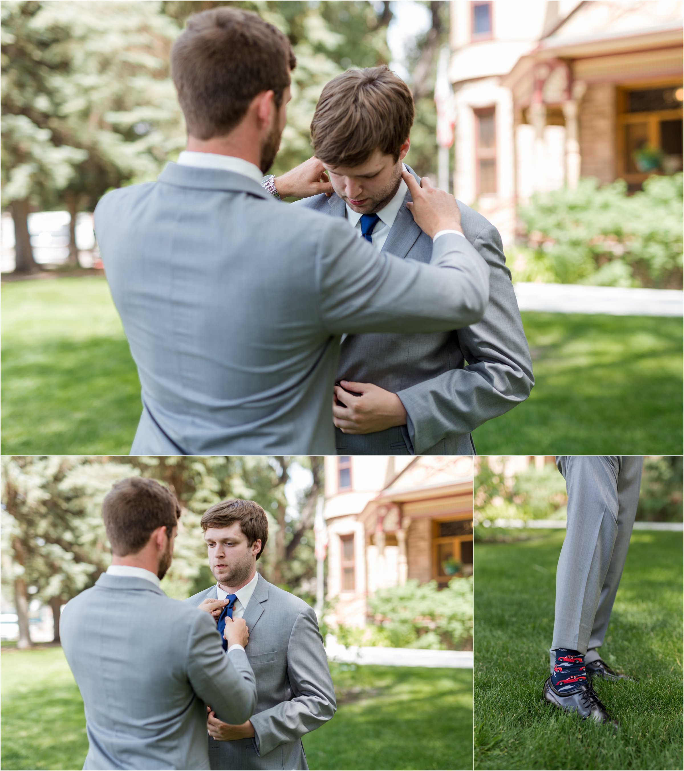 best man helps adjust groom;s tie before seeing his bride for the first time