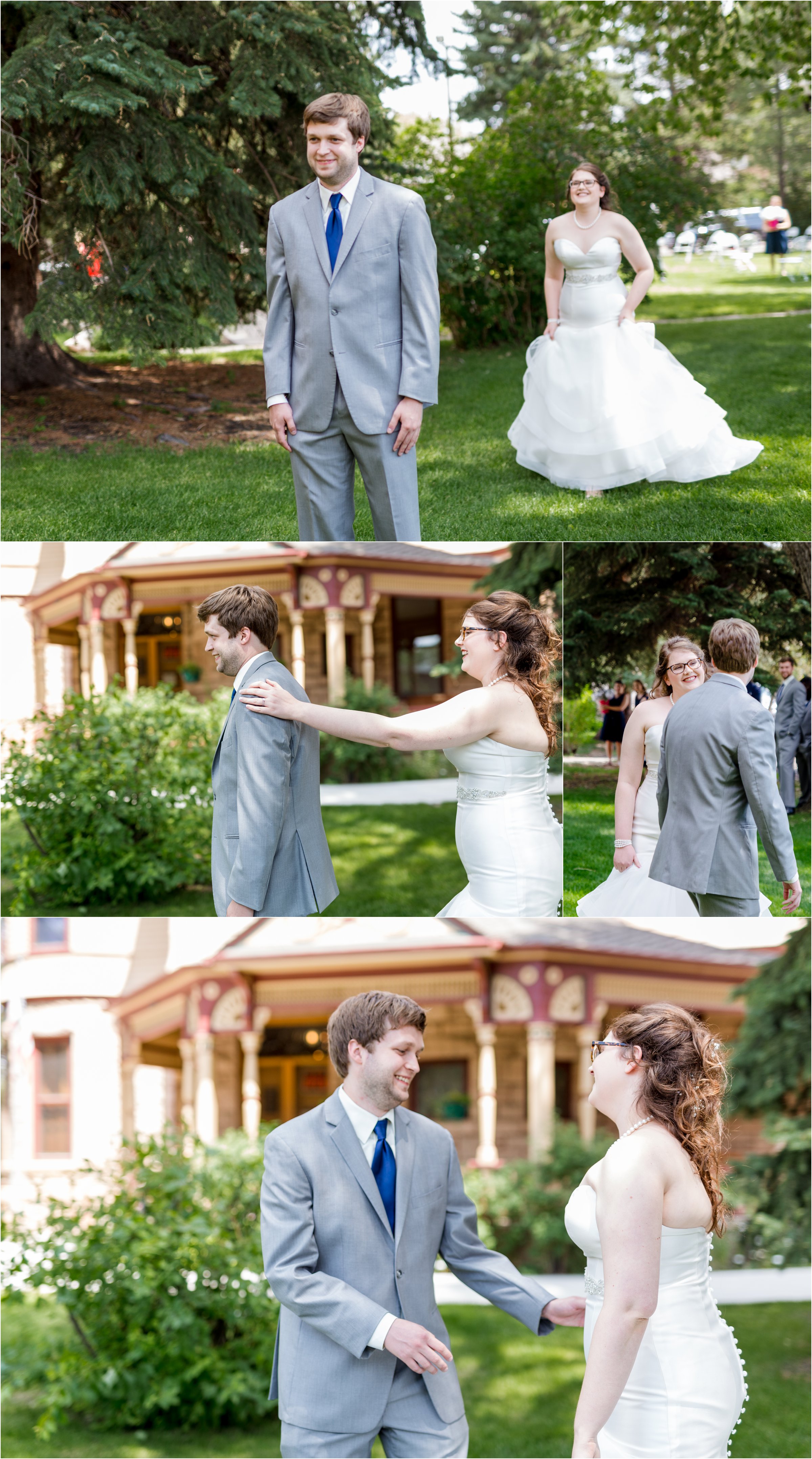 bride walks up behind groom for their first look in front of the ivinson mansion in laramie