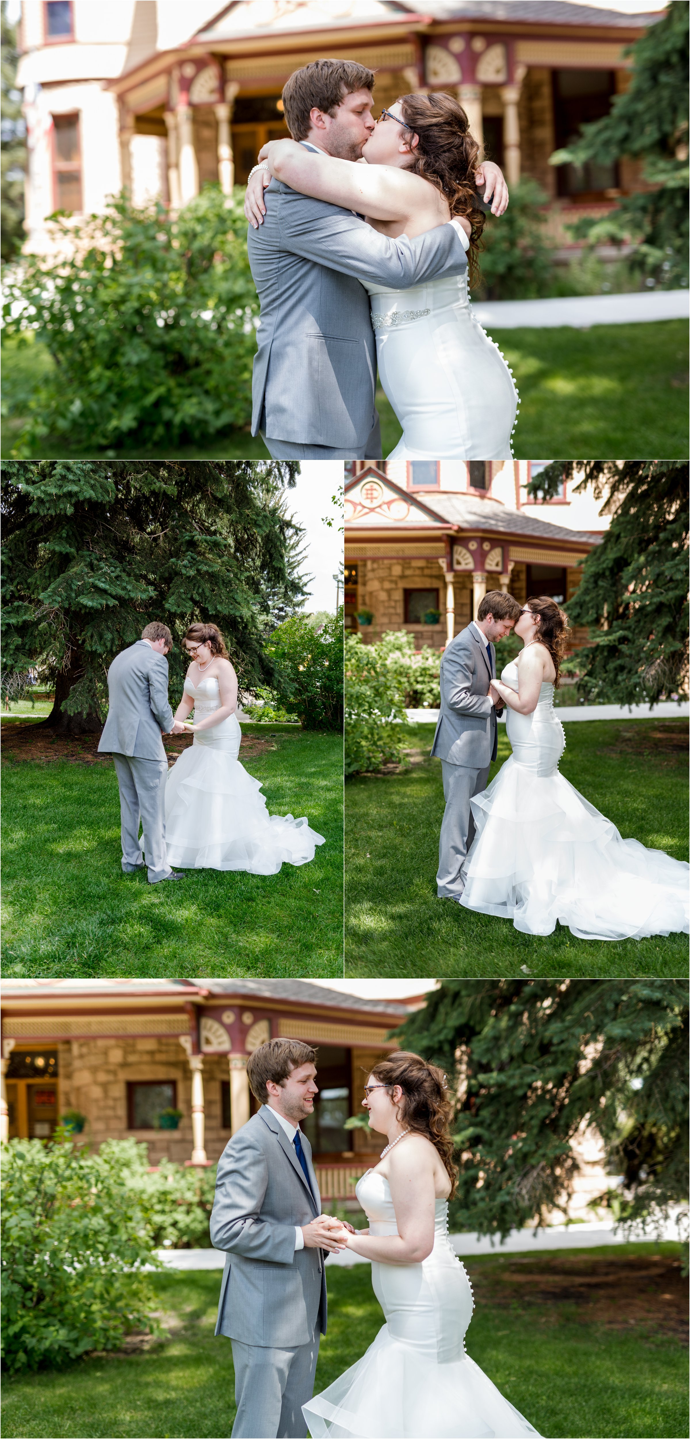 bride and groom see each other for the first time before their wedding ceremony in front of ivinson mansion in laramie