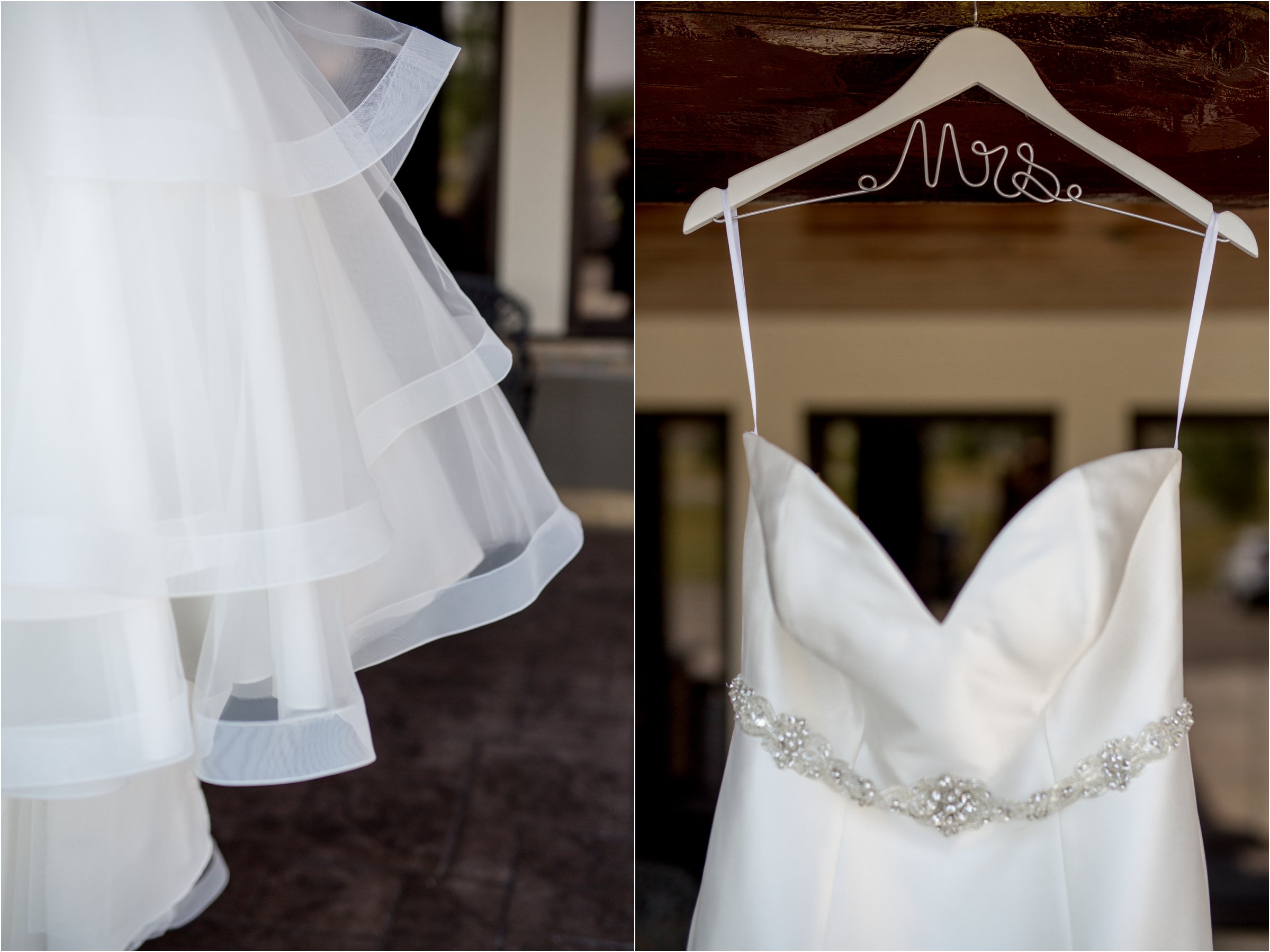 details of a bride's wedding dress with a hanger that reads Mrs.