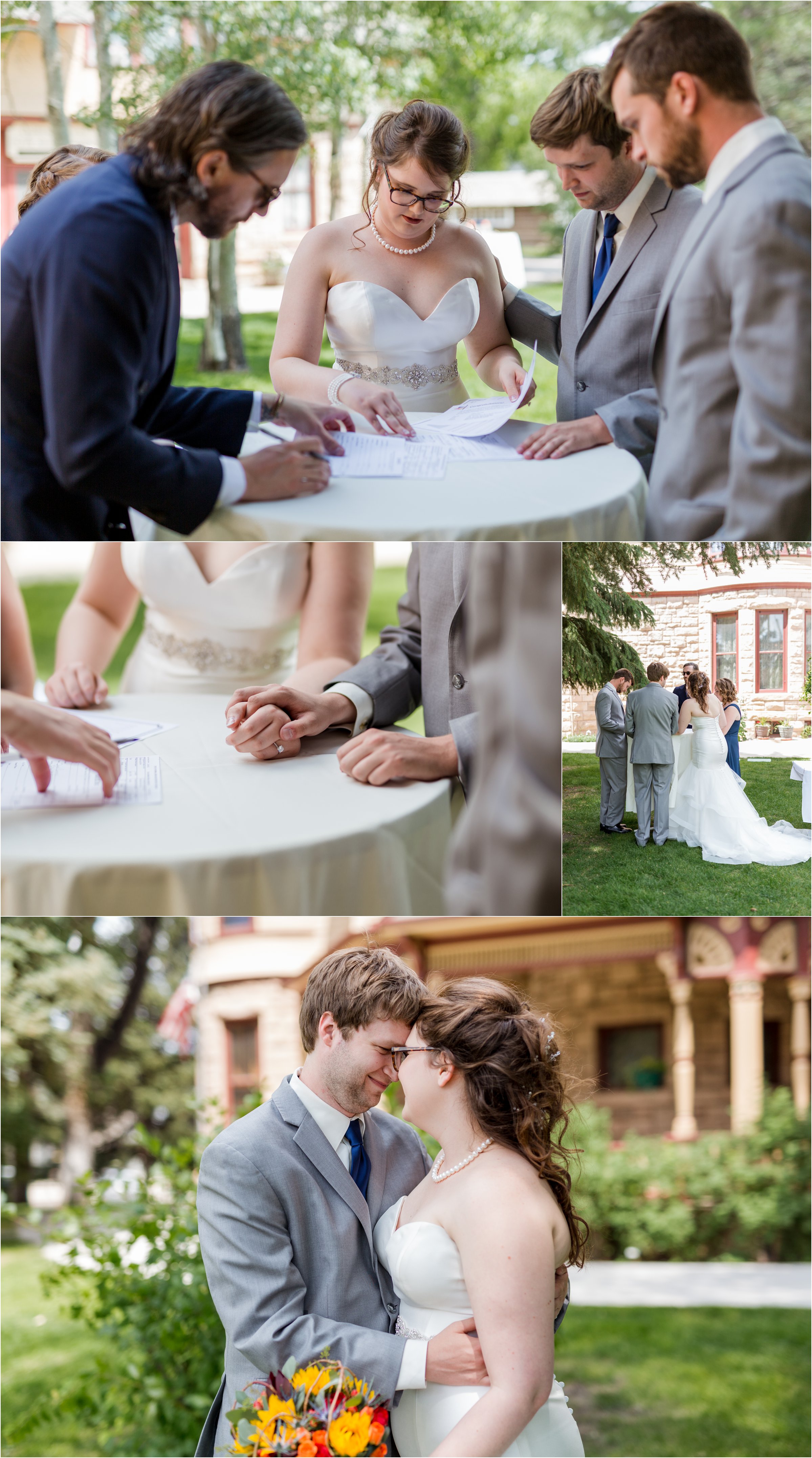 bride and groom sign marriage license before their ceremony in front of the ivinson mansion in laramie