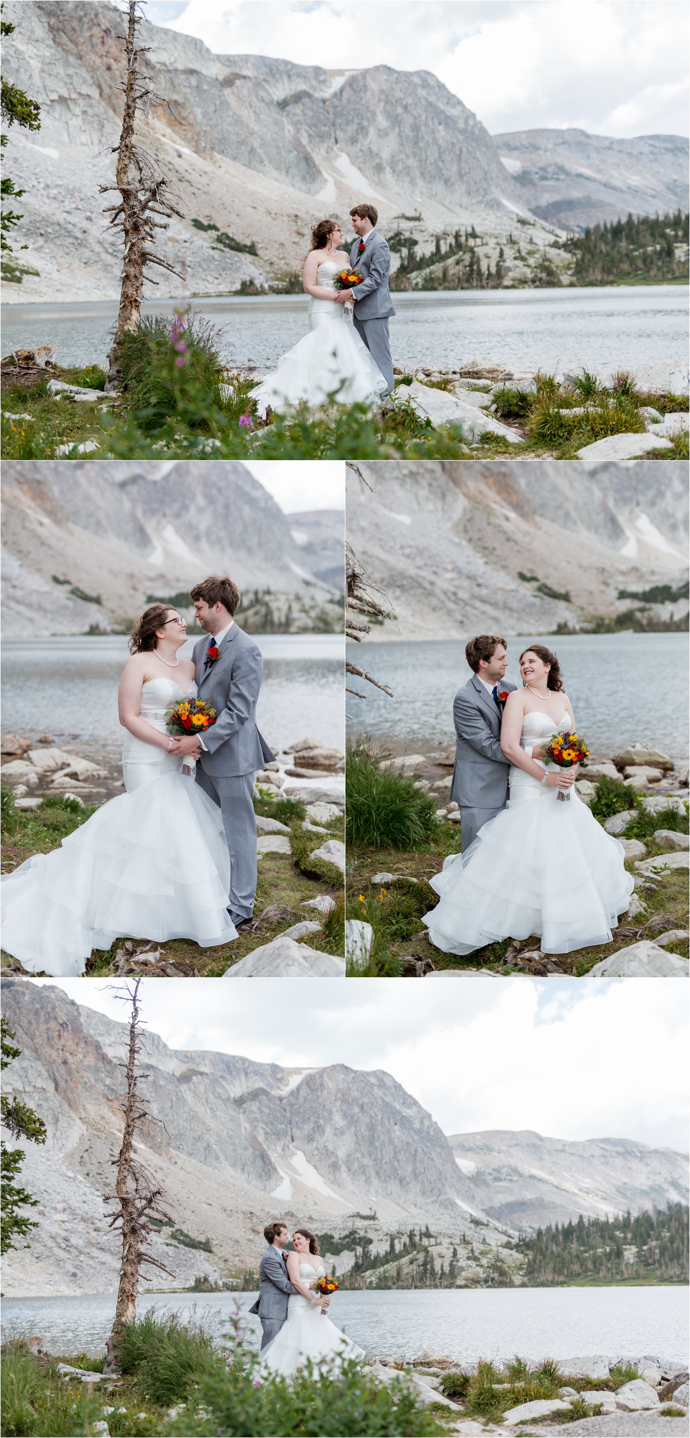 bride and groom pose for photos in front of lake marie in snowy range before their st. alban's chapel wedding
