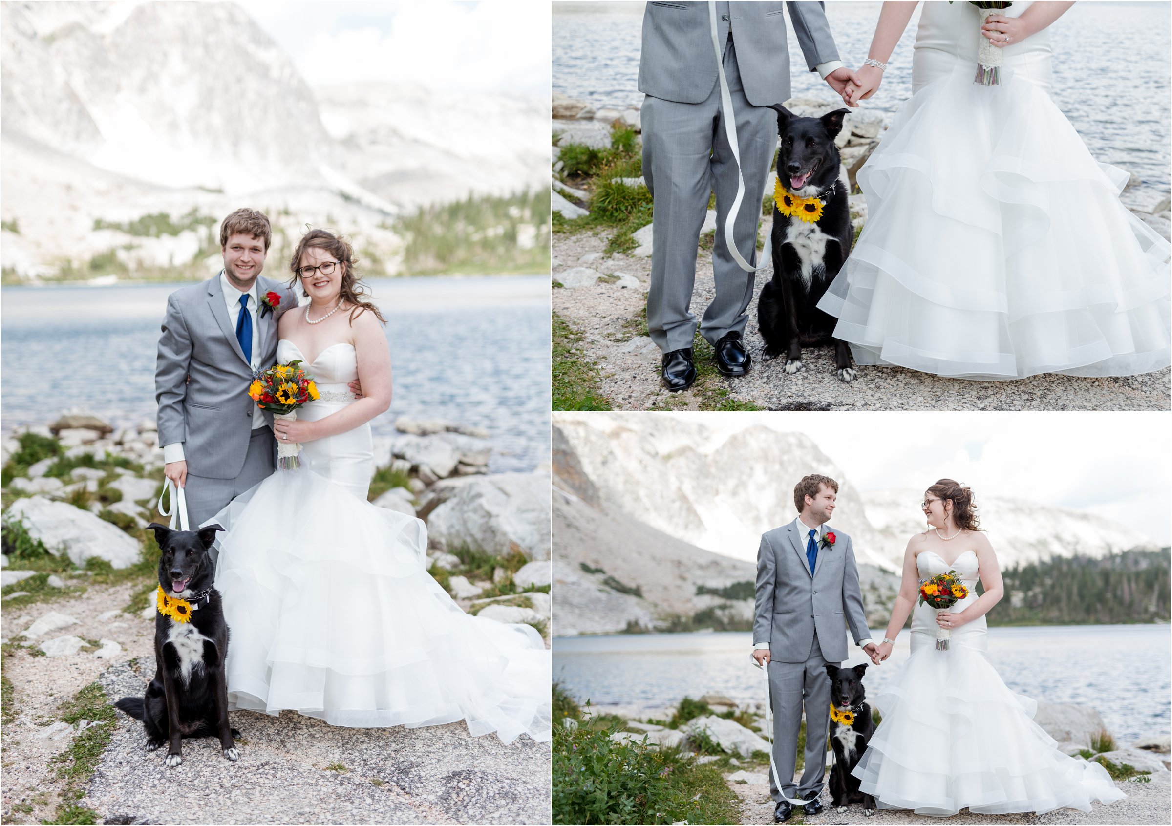 bride and groom pose for photos with their dog in front of lake marie in snowy range before their st. alban's chapel wedding