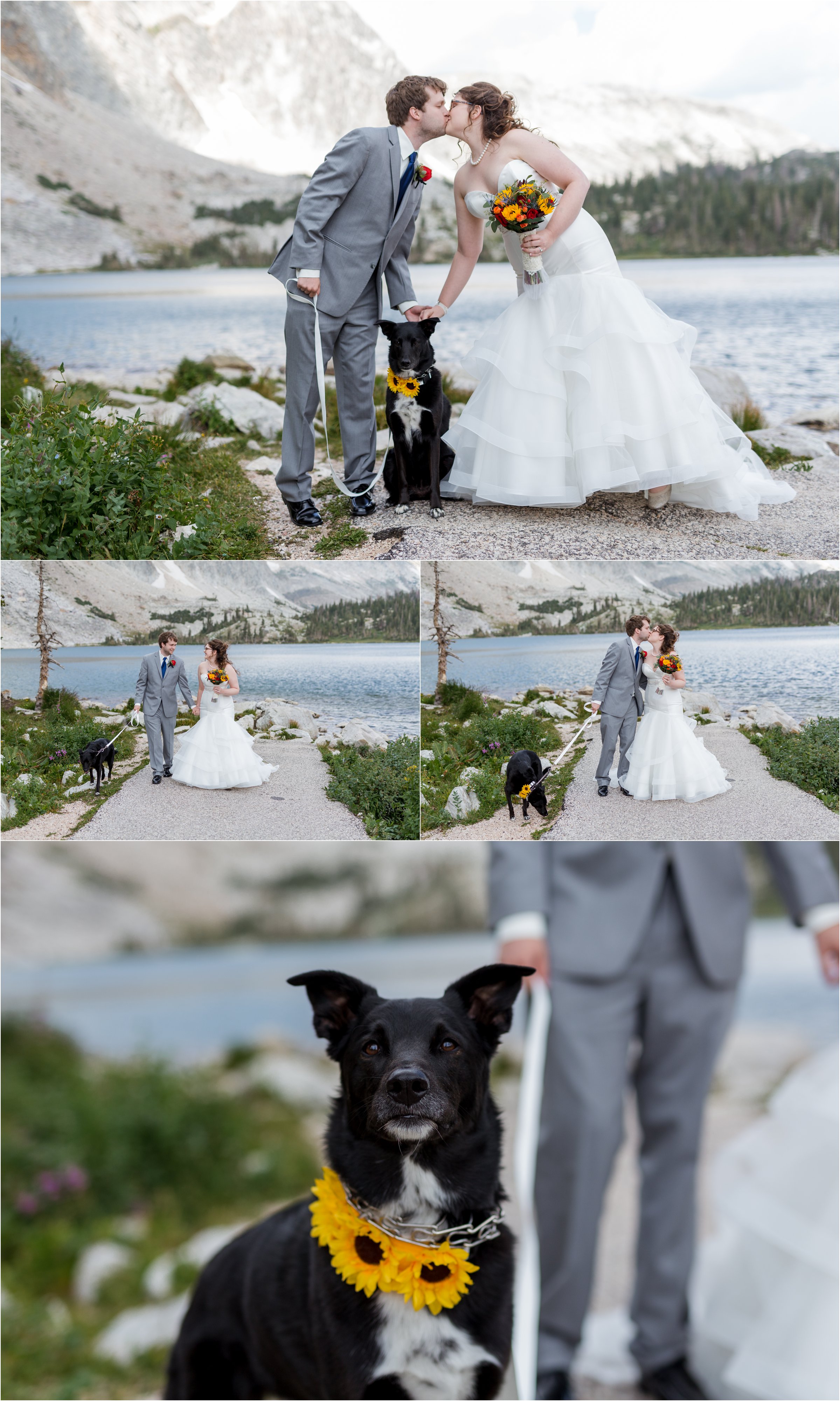 bride and groom pose for photos with their dog in front of lake marie in snowy range before their st. alban's chapel wedding