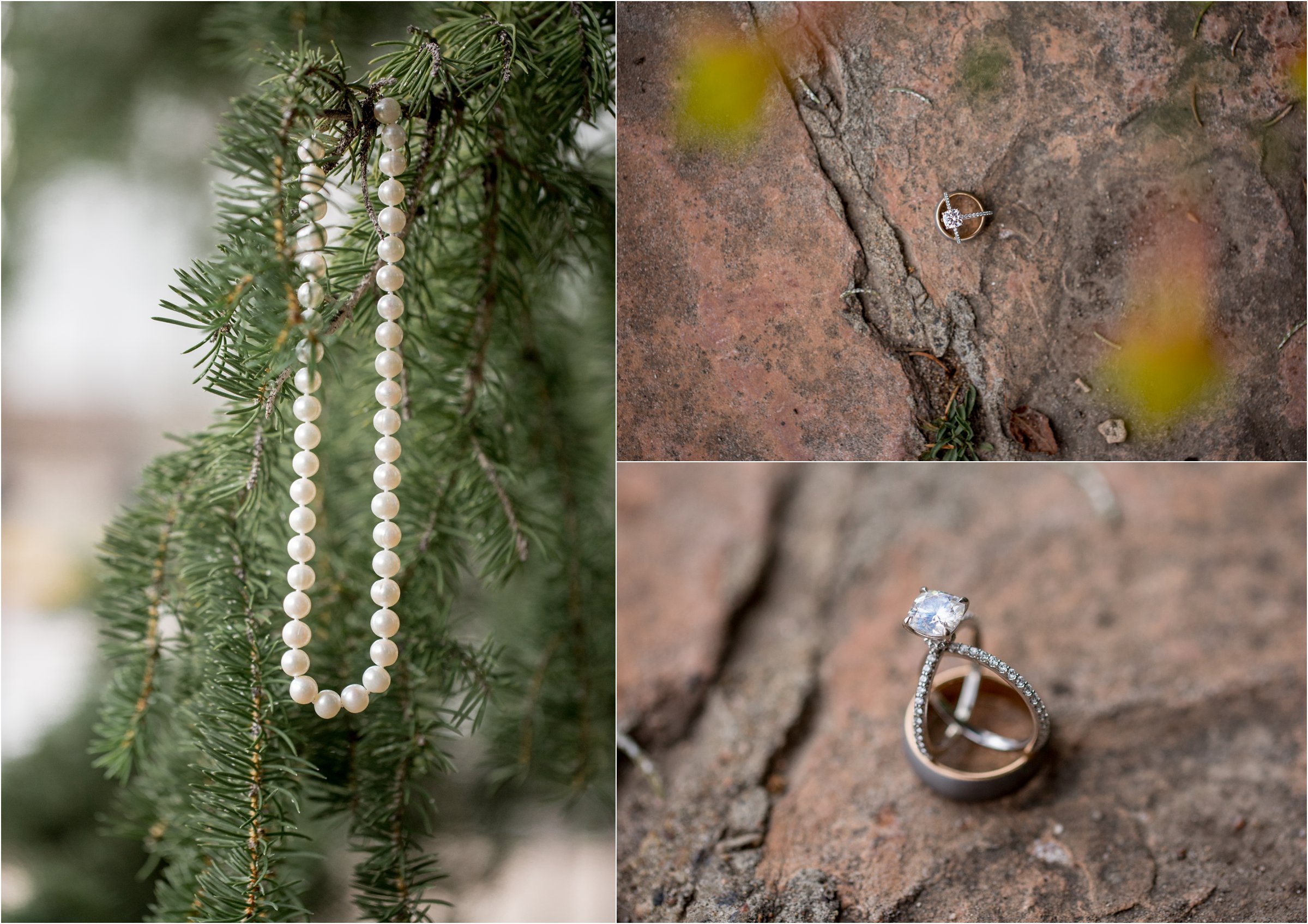 bride's string of pearls and wedding rings on a rock