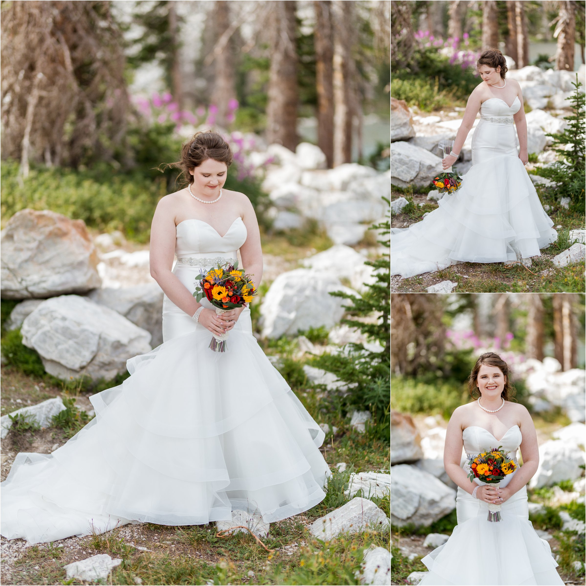 bride poses for photos with wildflowers in the background and large floral bouquet