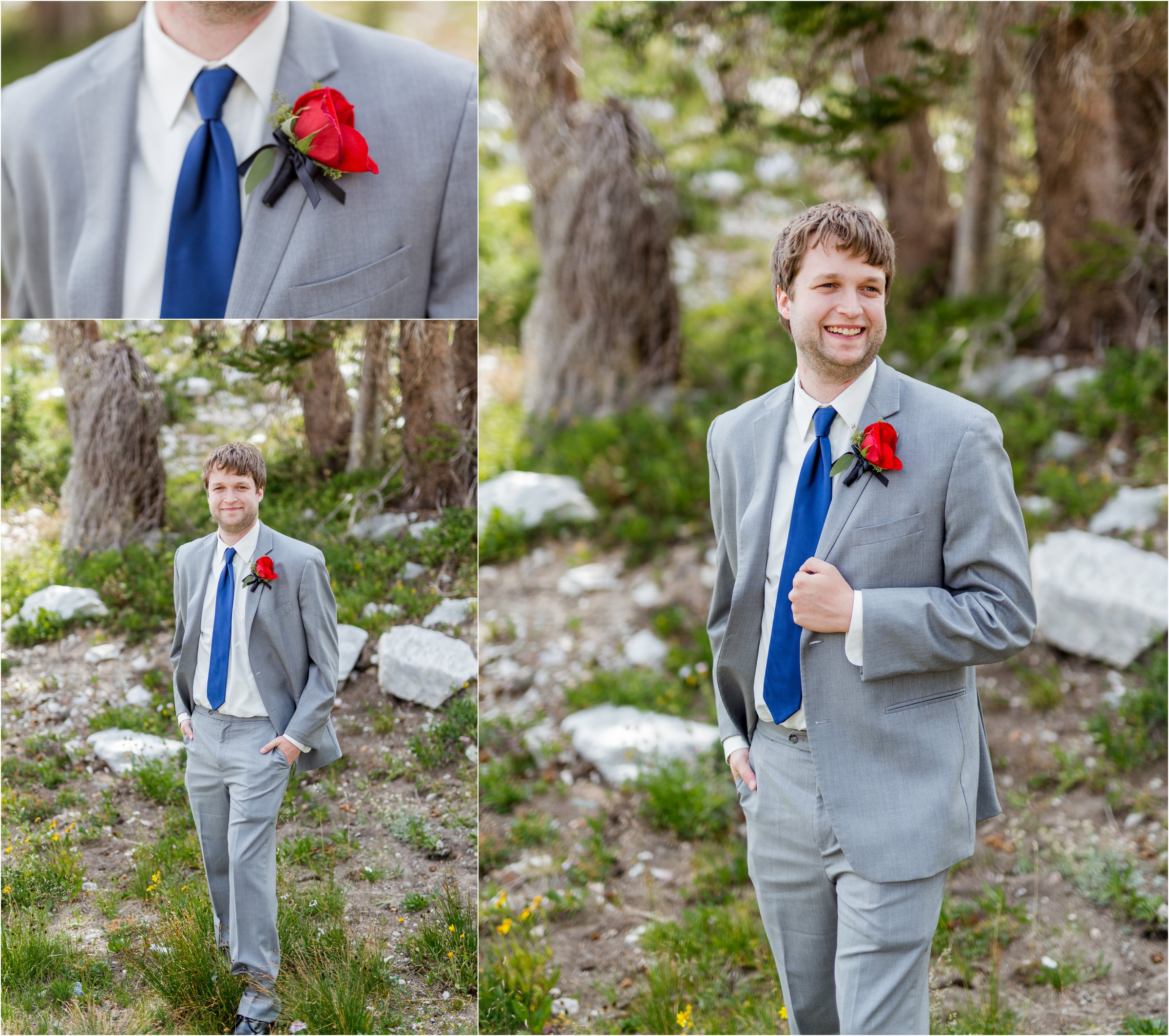 groom poses for a photo in his gray tux with red flower before his wedding ceremony at st. alban's chapel 