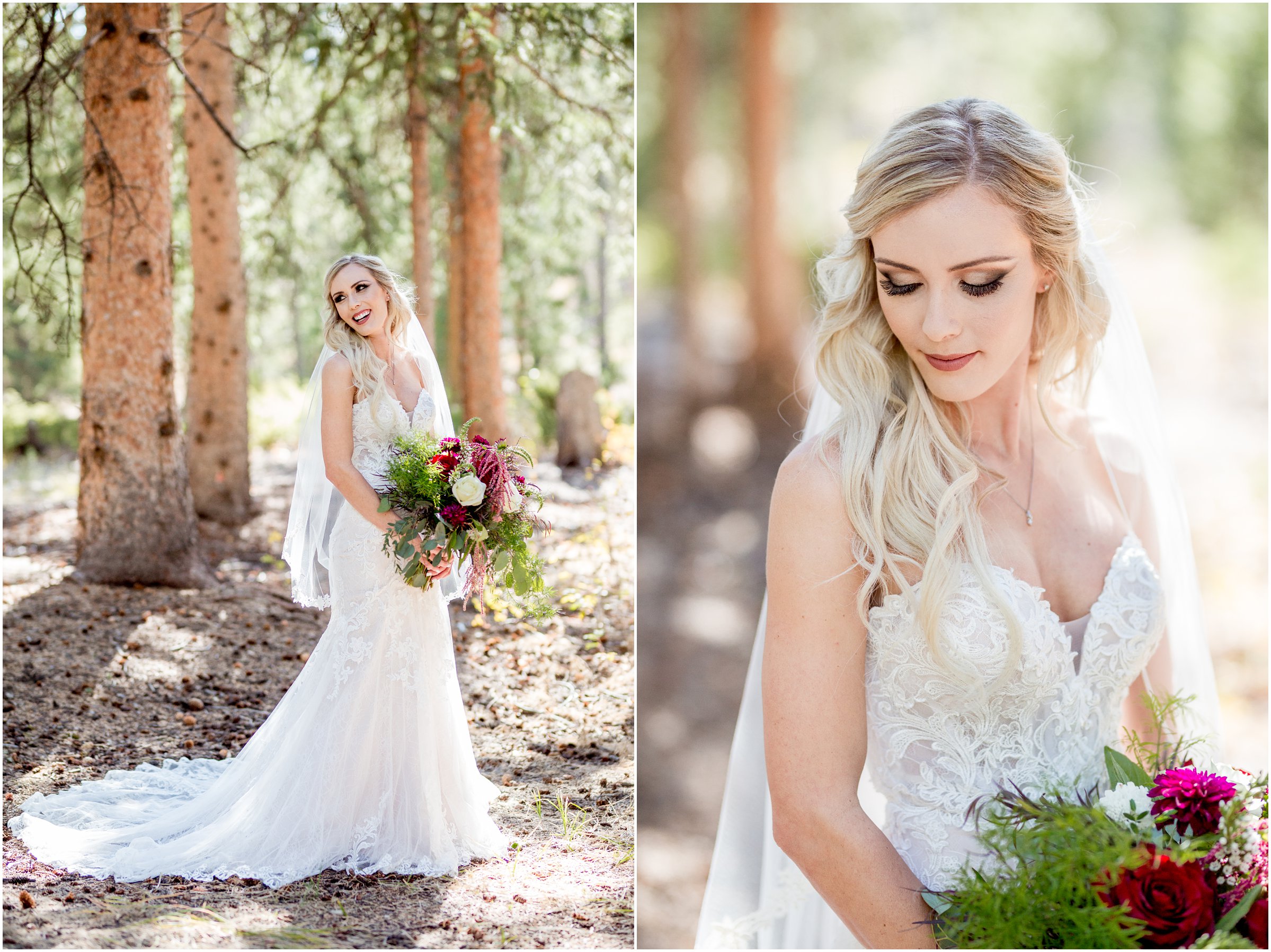 bride standing alone in front of trees with a bouquet of flowers