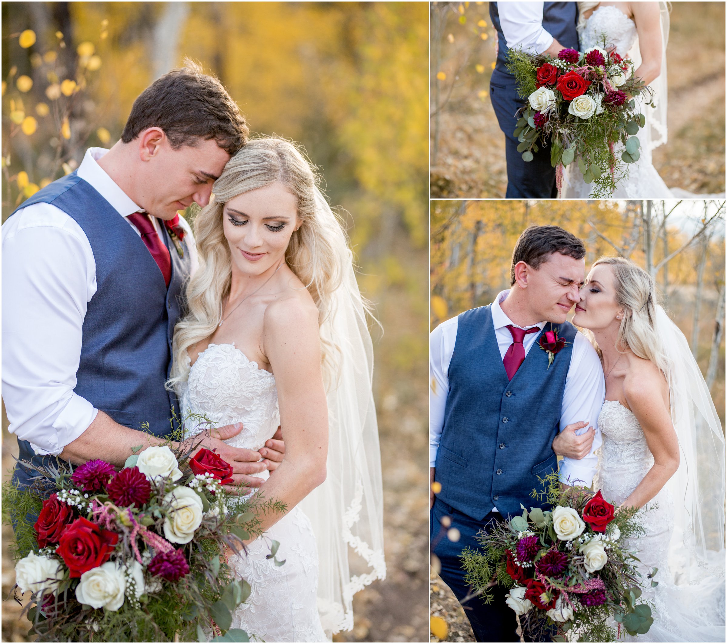 bride and groom snuggling surrounded by fall colors with large bridal bouquet of flowers