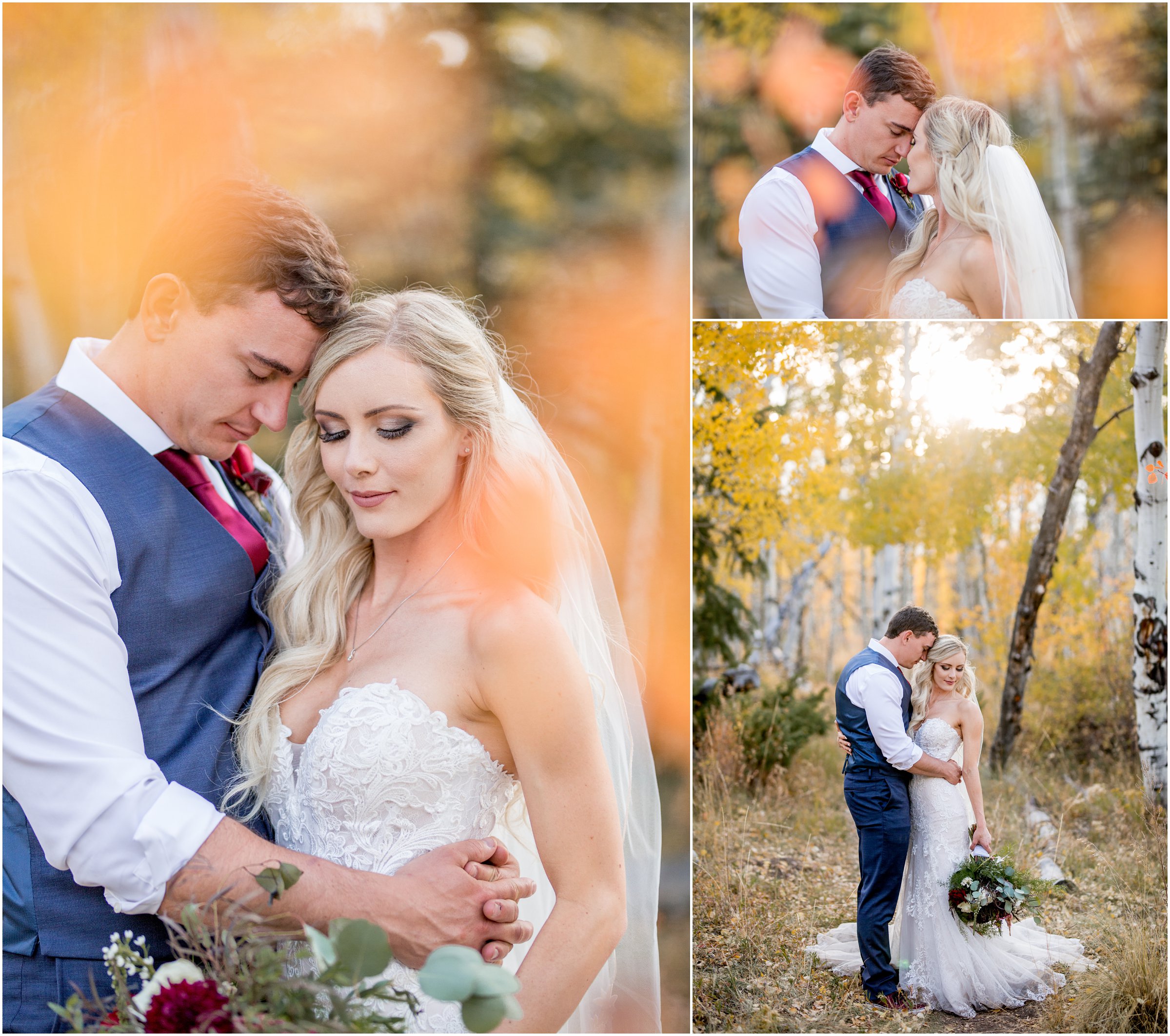 bride and groom snuggling surrounding by fall colors with large bouquet of flowers