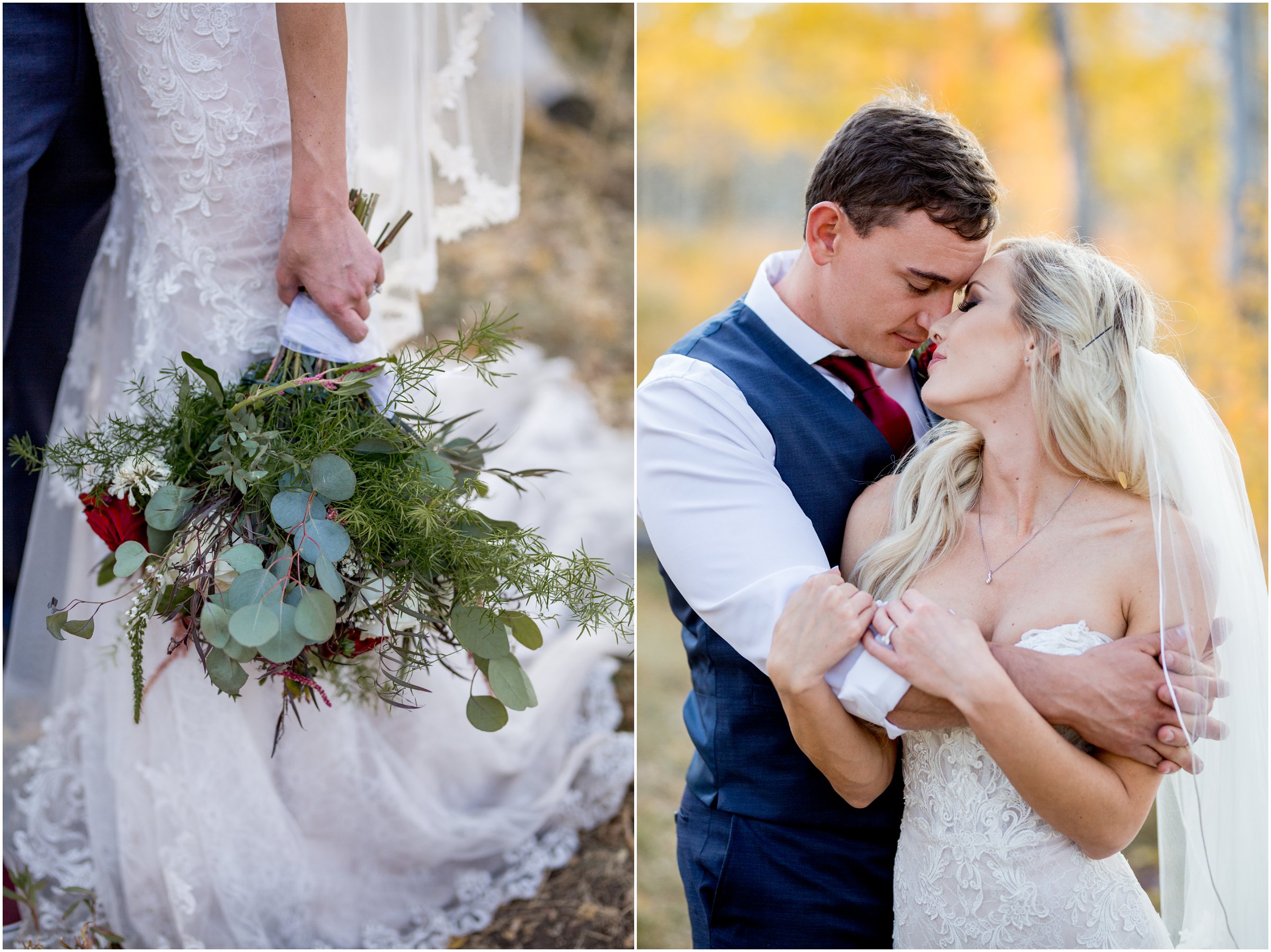 bride and groom in aspen grove with large bouquet after getting married