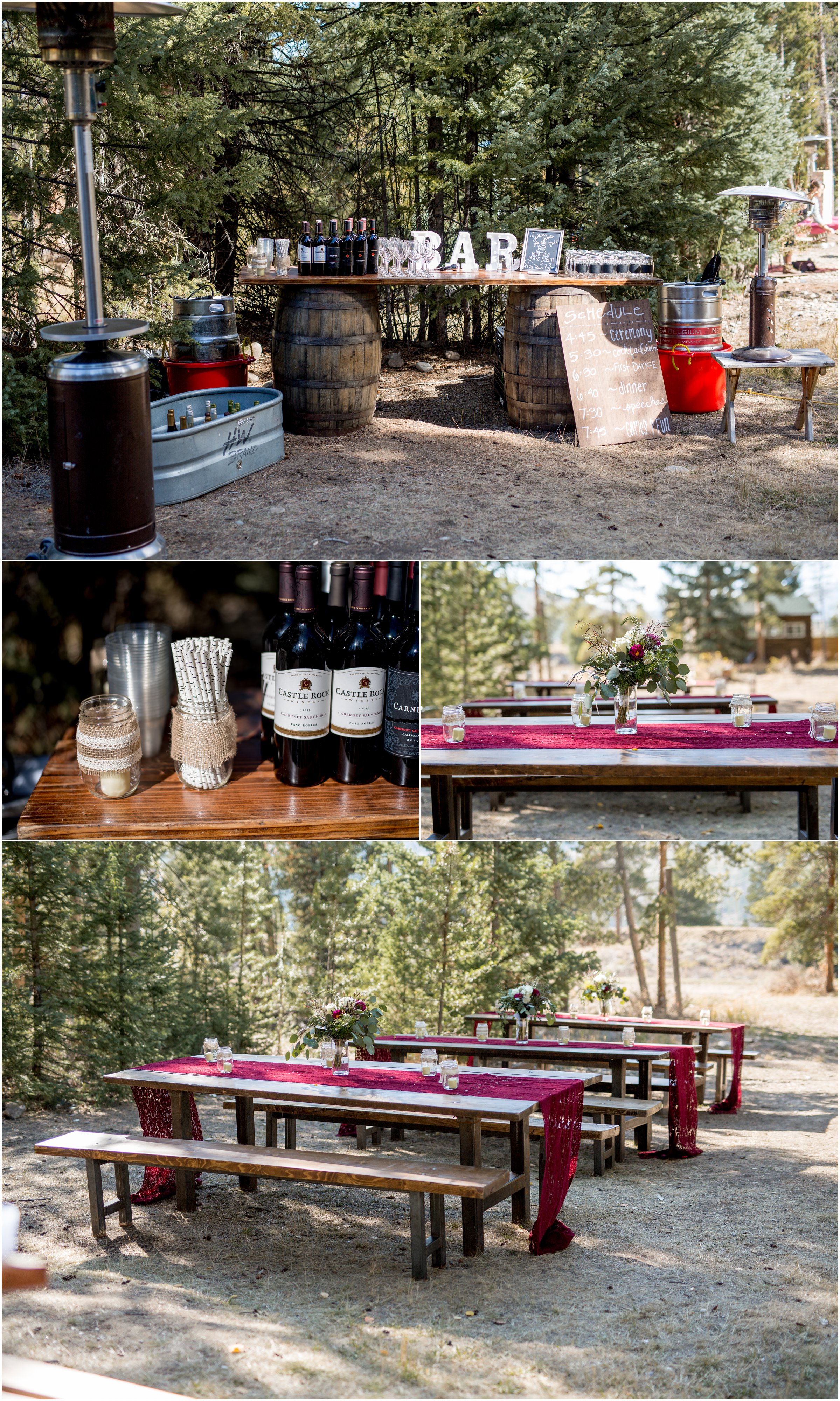 farmhouse tables with red table runners and mason jars sit outside under cafe lights near a creek