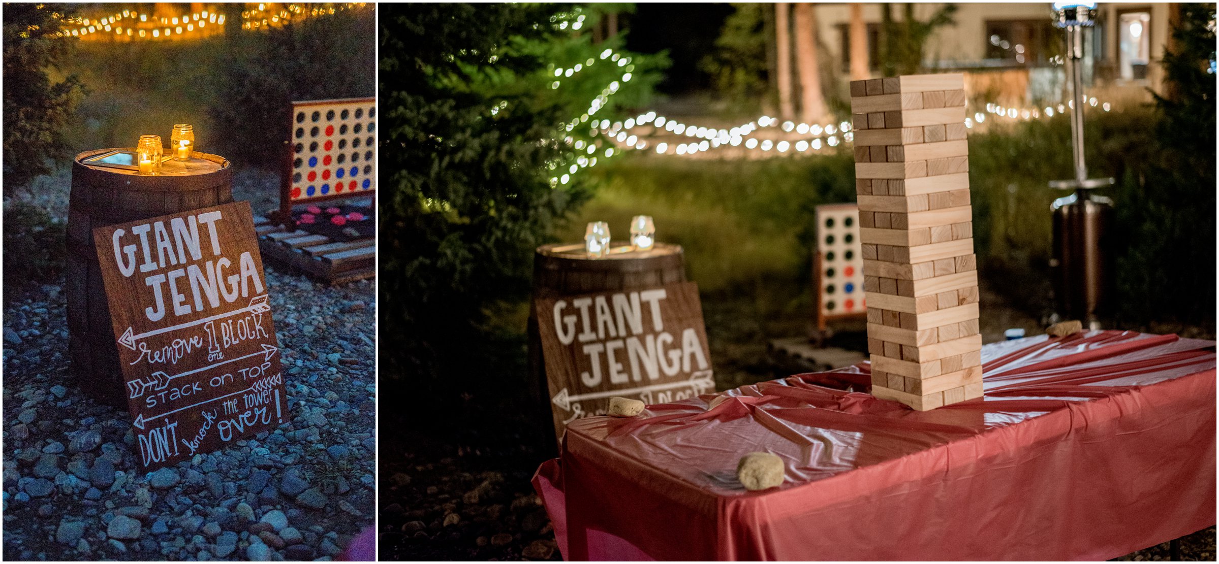 giant jenga yard games is set up for guests to play at the reception near the creek