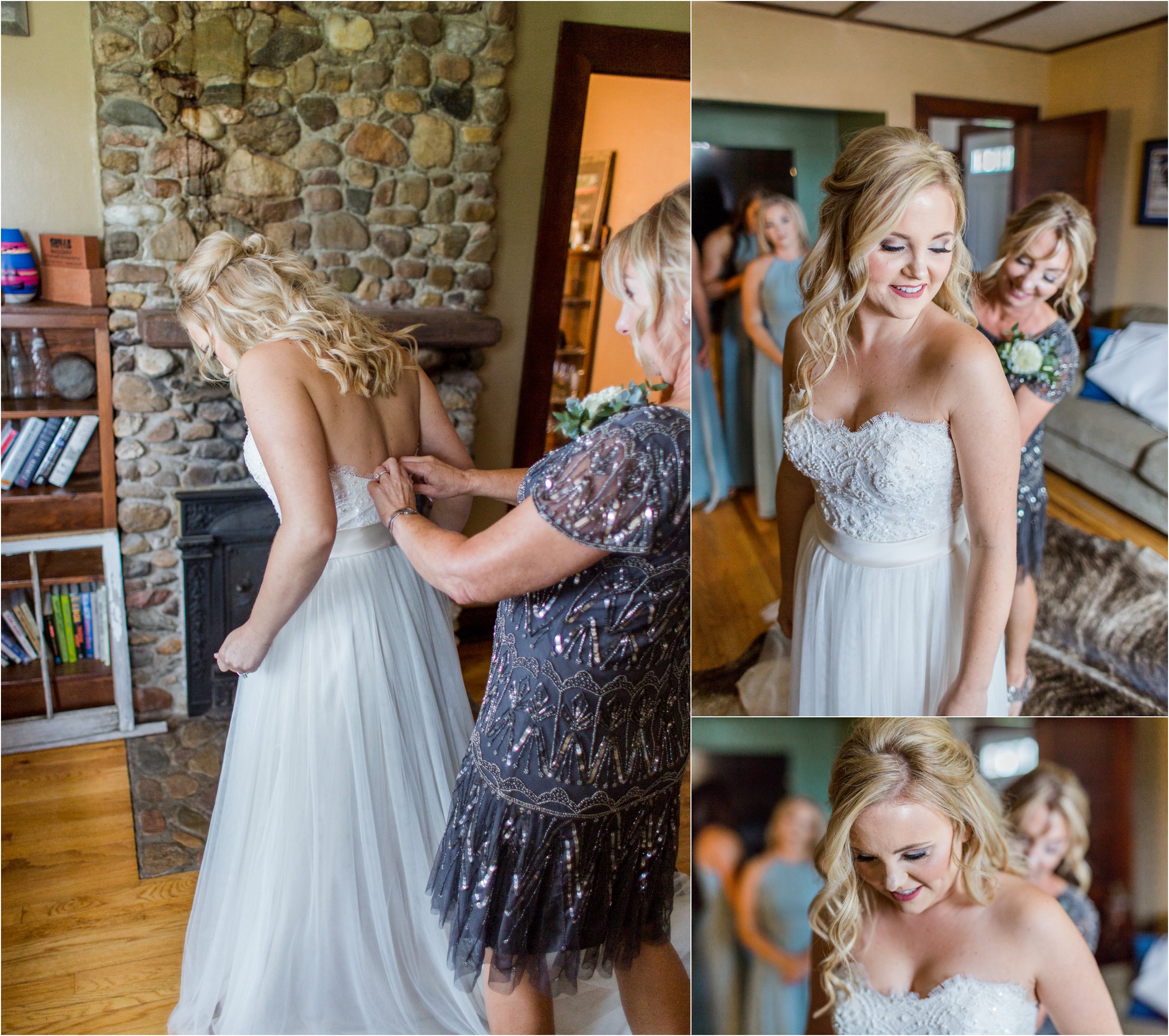the bride's mom helping her into her dress in her own living room