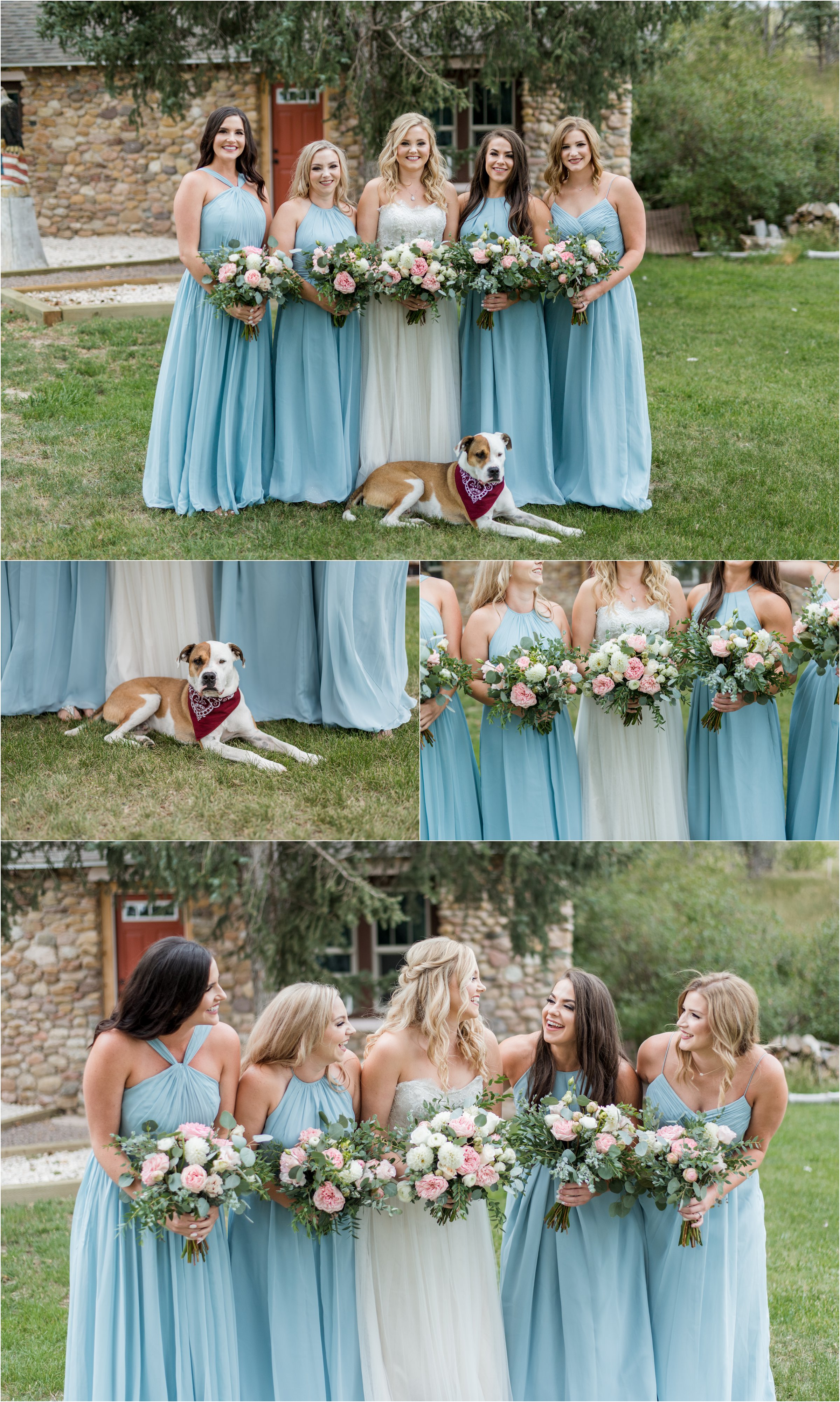 the bride and bridesmaids pose in front of their farm house with her dog