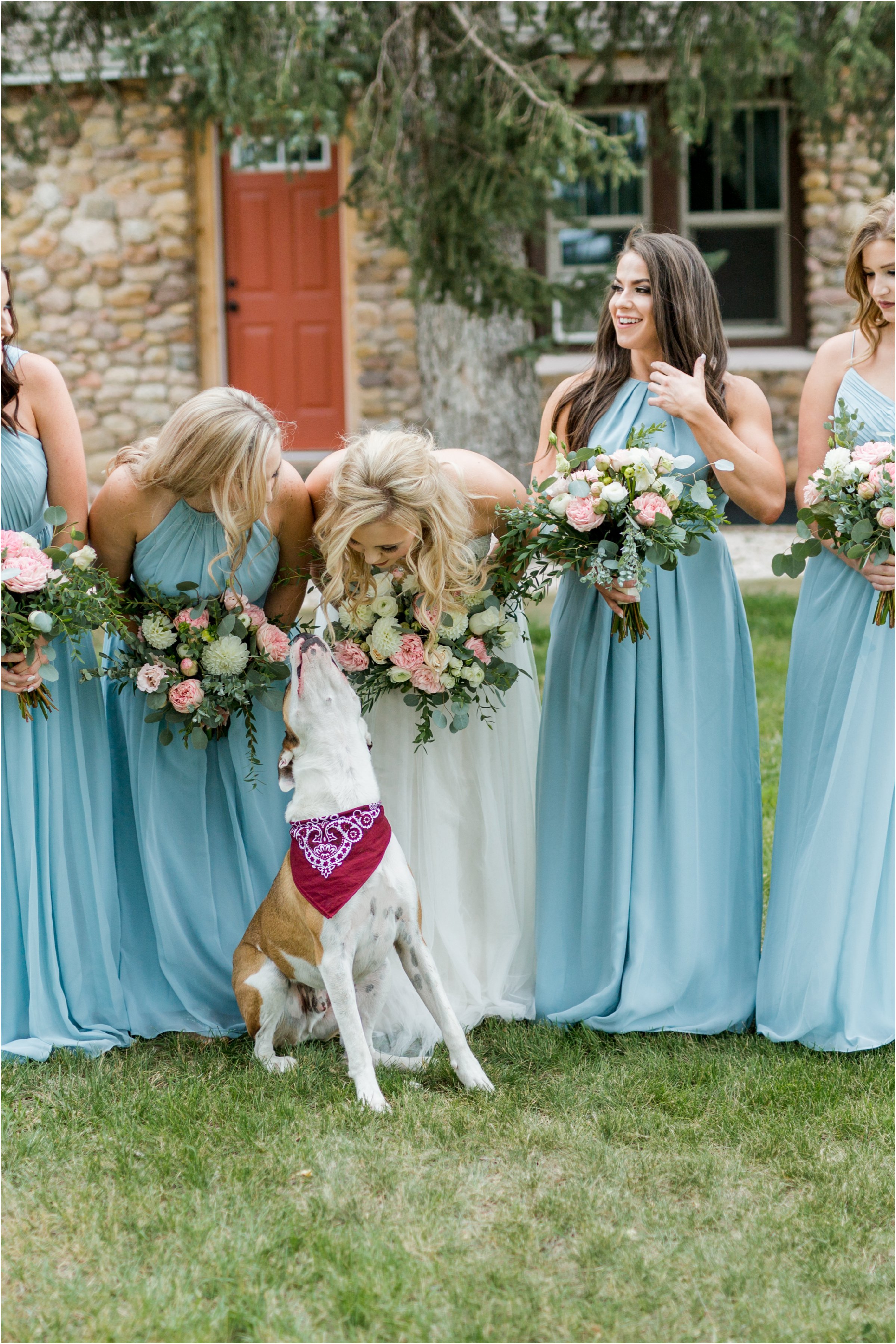 the bride leaning down to kiss her dog