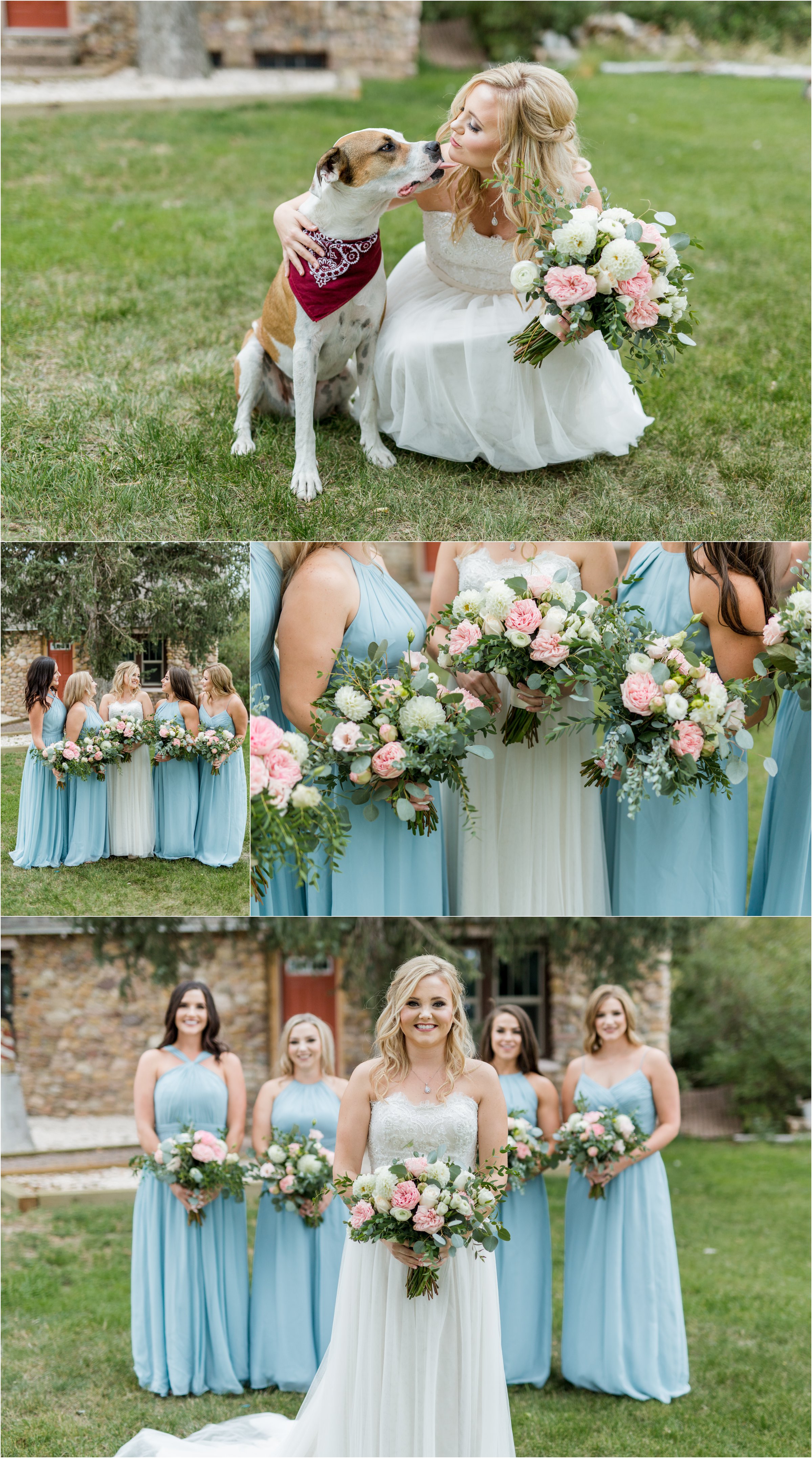 the bride and her dog along with the bride and bridesmaids with their large bouquets