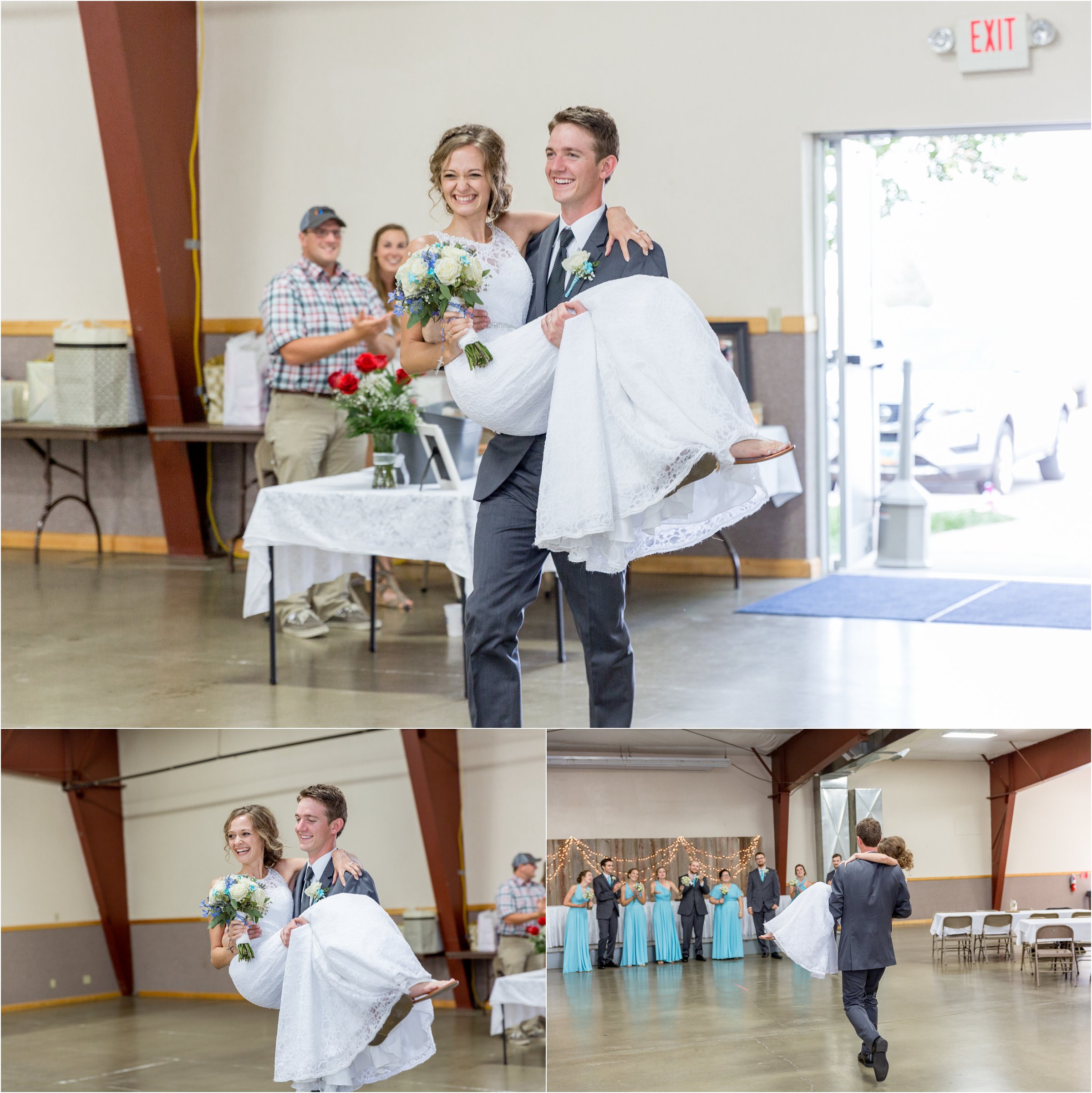 groom carries bride into their wedding reception after their ceremony