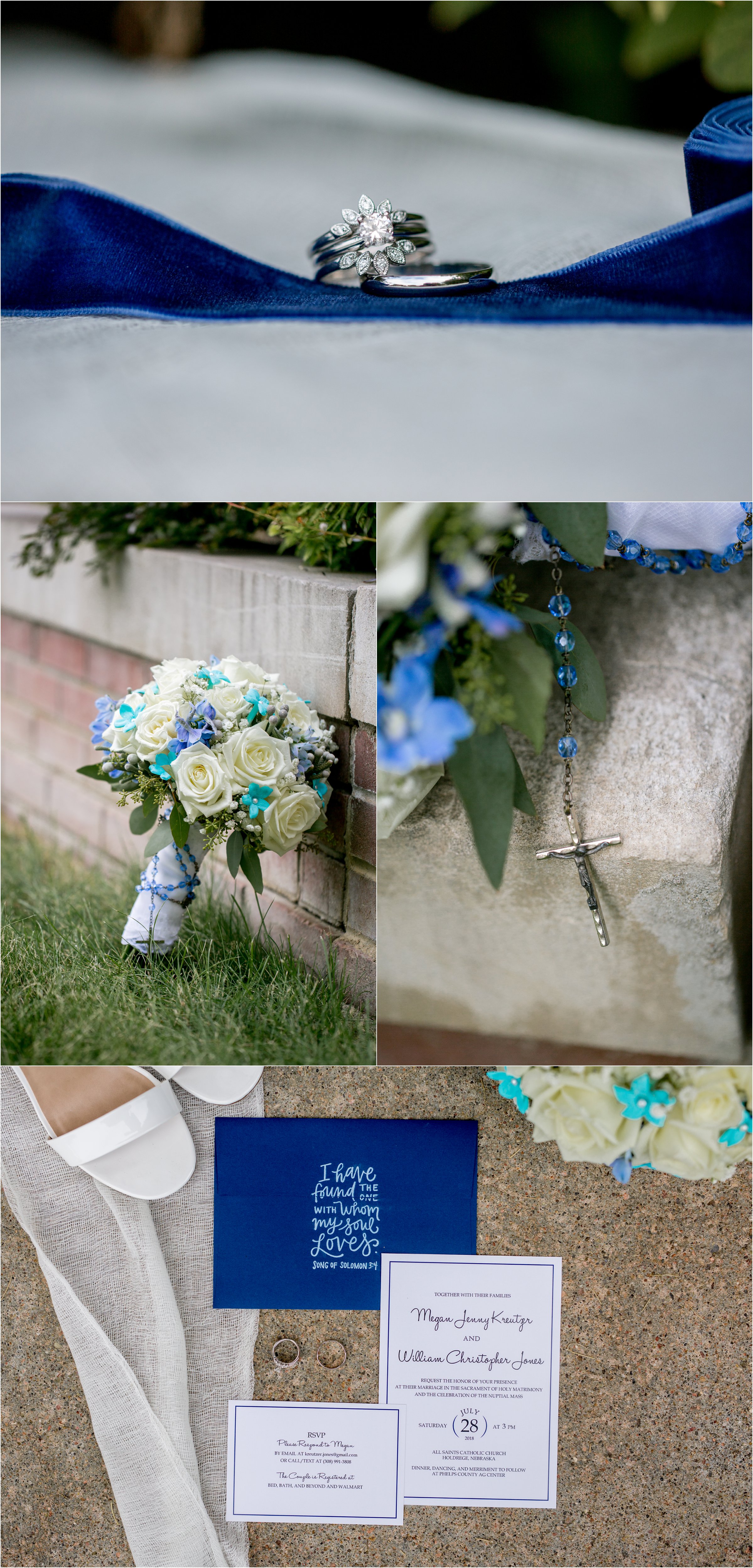 bride and groom's wedding rings on blue ribbon and bouquet with invitation suite