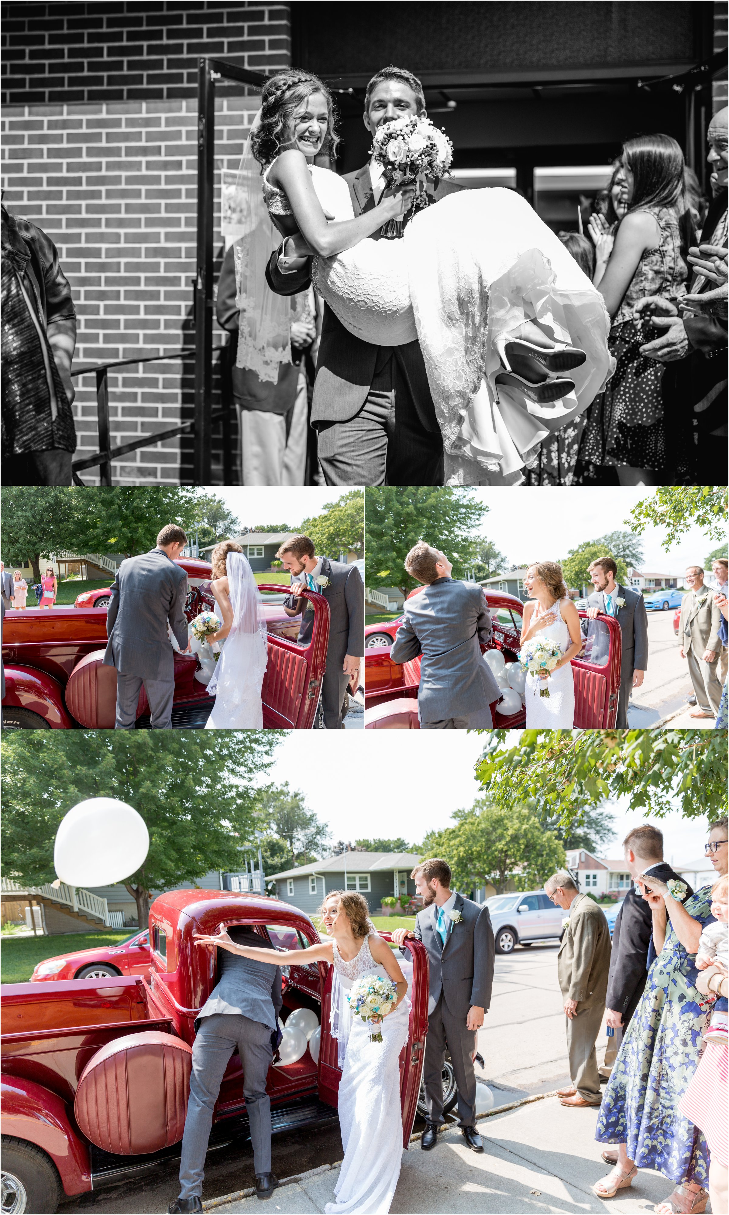 groom carries bride out of church and toward classic red chevy truck